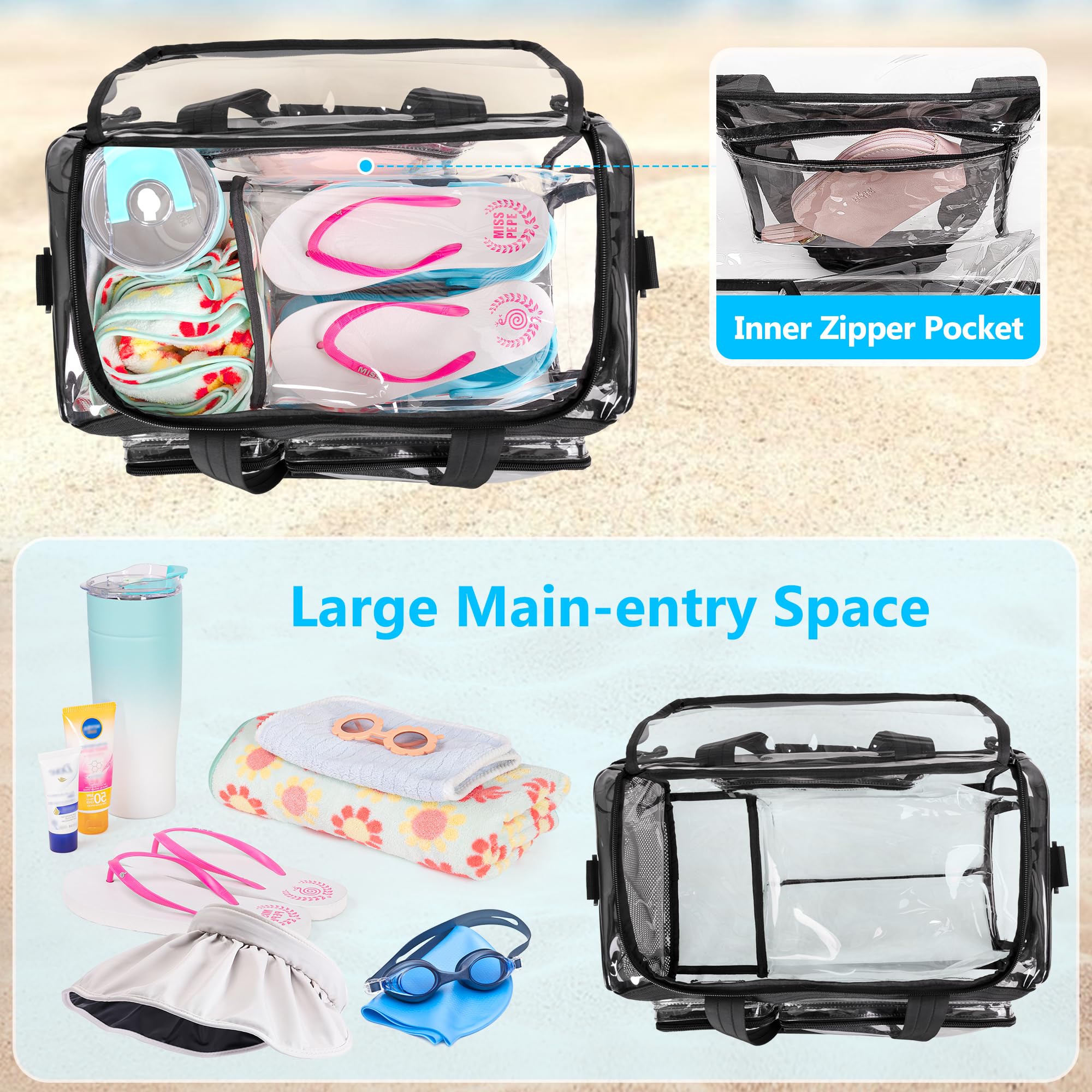 Yarwo Sac de Plage Transparent PVC Étanche avec Poche à Chaussures | Avec PVC Imperméable, Compartiment Chaussures, Plusieurs Poches et Fermeture Zippée pour Plage, Piscine et Stade