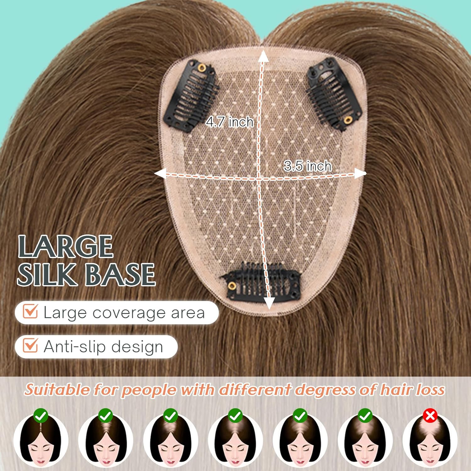 Benehair Hair Toppers for Women Real Human Hair 9 * 12CM Silk Base Hairpieces 150% Density Toppers for Thinning 100% Remy Medium Brown 10 Inch