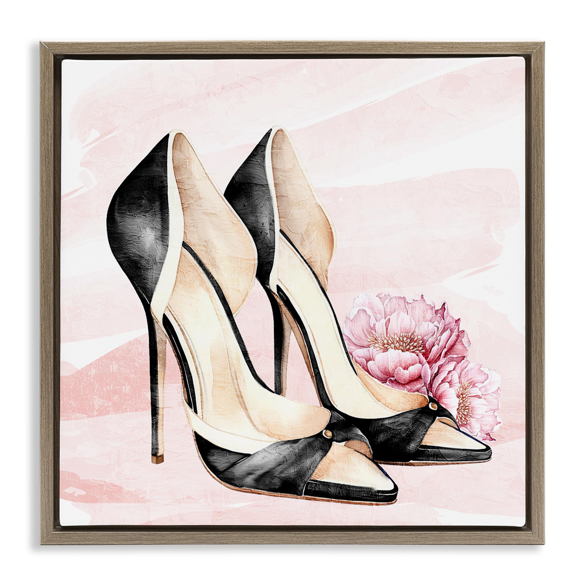 Stupell Industries Glam Heels Floral Bouquet 'Glam Time Heels', Floating Frame Canvas Art, Brown, 18 X 18 Inches, Easy To Hang And Sturdy, Made In Usa, By Kim Allen