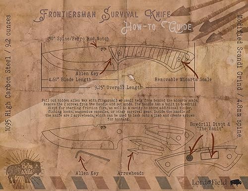 Miniatura 9 de Lord & Field Frontiersman Cuchillo de supervivencia de hoja fija de acero 1095HC de 4.5 pulgadas, hoja lisa satinada - Molienda Scandi modificada -