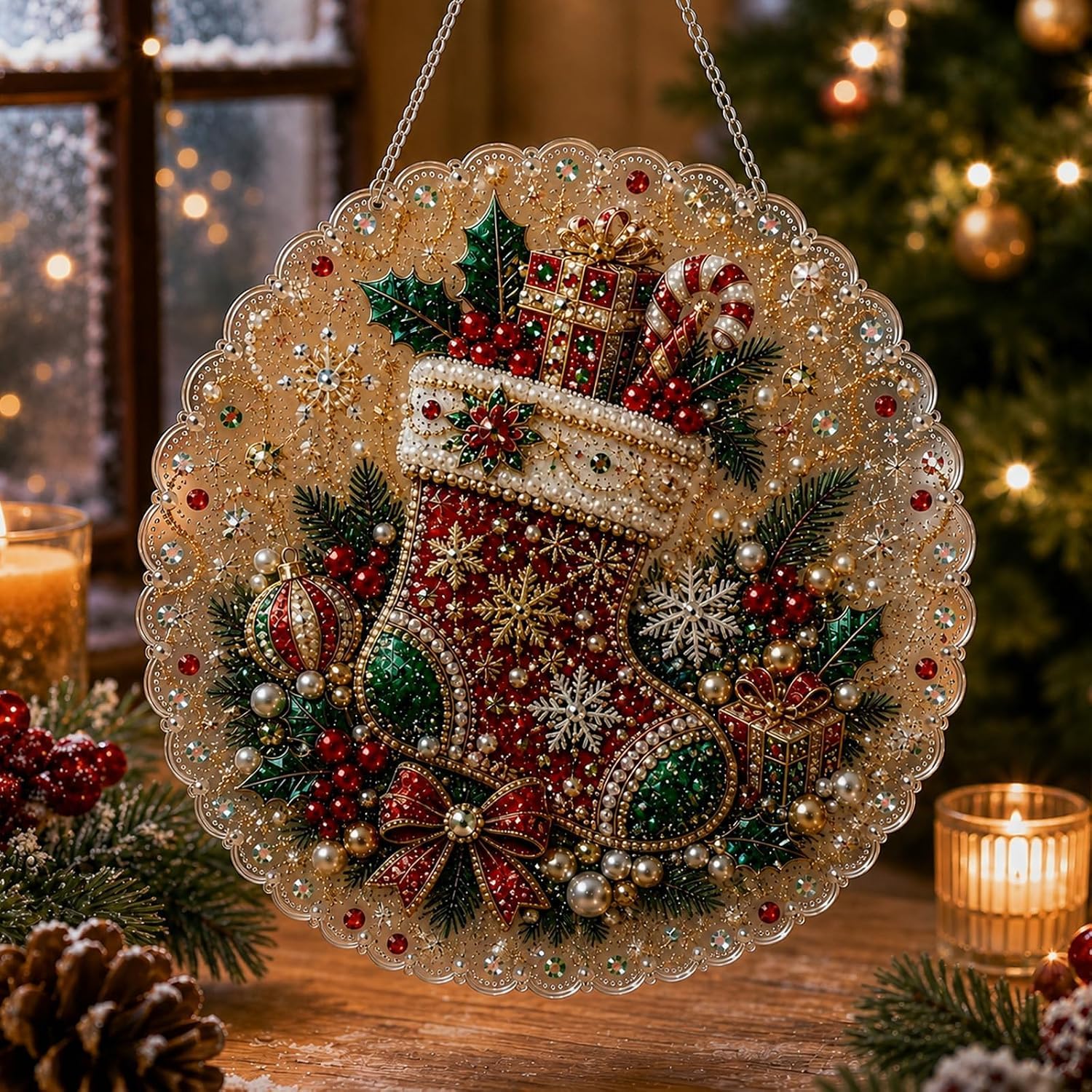Christmas Pearl Diamond Art Kits for Adults, DIY Christmas Diamond Painting Art Kit with Metal Frame, 3D Mixed-Sized Pearl Beads Craft for Child Gift Festive Window Wall Decor