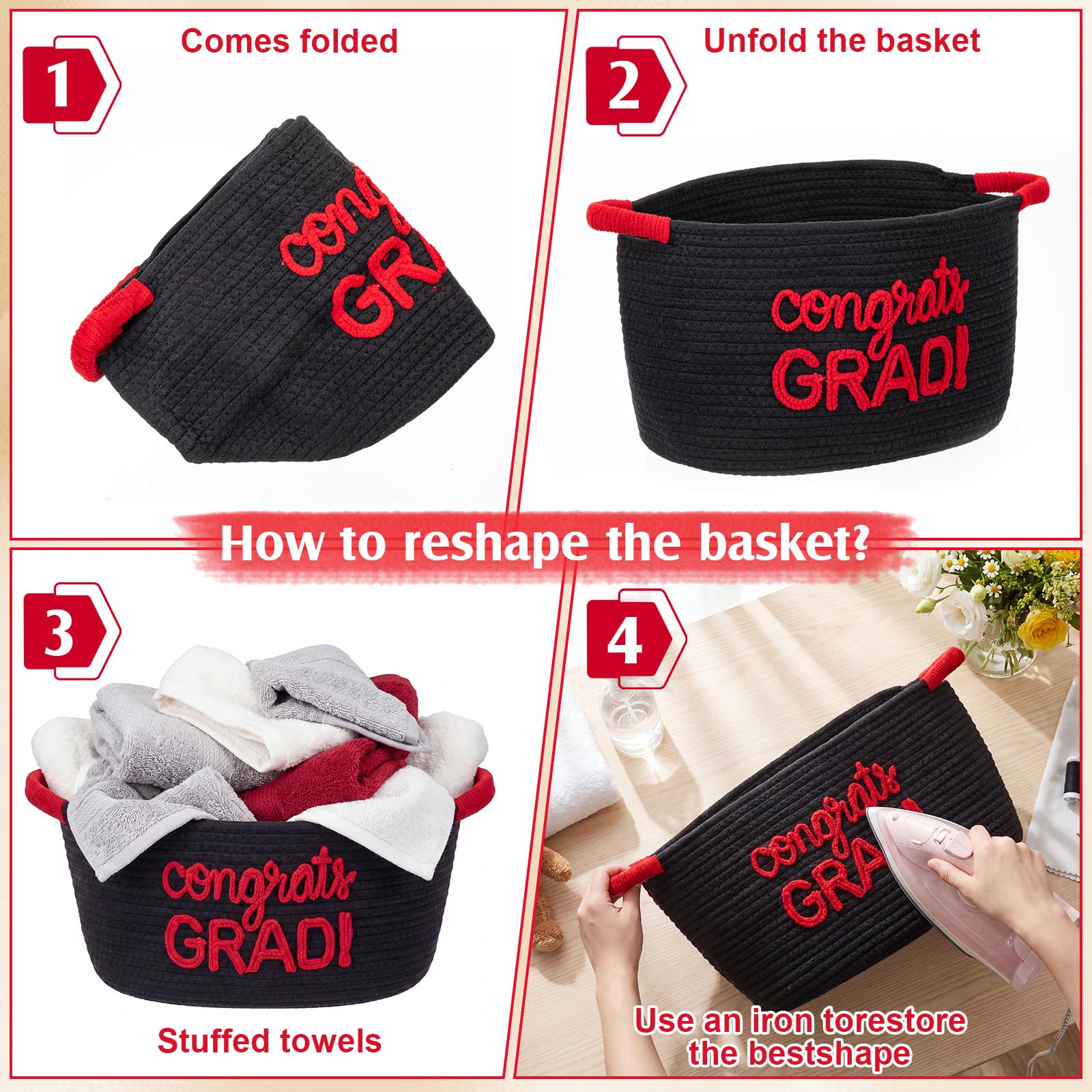 Colingmill 2026 Graduation Large Gift Basket Empty to Fill, 15"x10"x9" Congrats Grad Decorative Rope Storage Basket with Card, LED String Lights & Paper Filler, DIY Graduation Gift(Black Red)