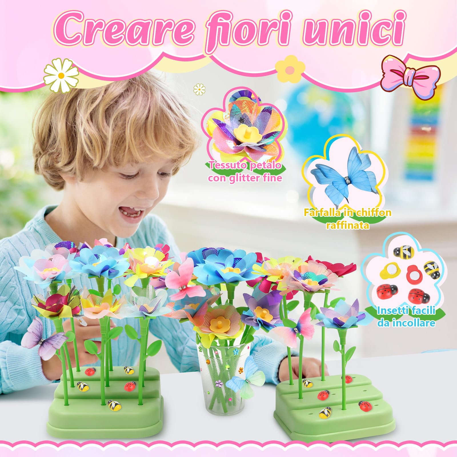 Herenear Il Laboratorio dei Fiori, Kit Artigianalee Creativo con Macchina per la Produzione di Fiori Bambini, DIY Kit Creativo Regalo Bimba Giocattoli Educativo Bimba 4 5 6 7 8+ Anni