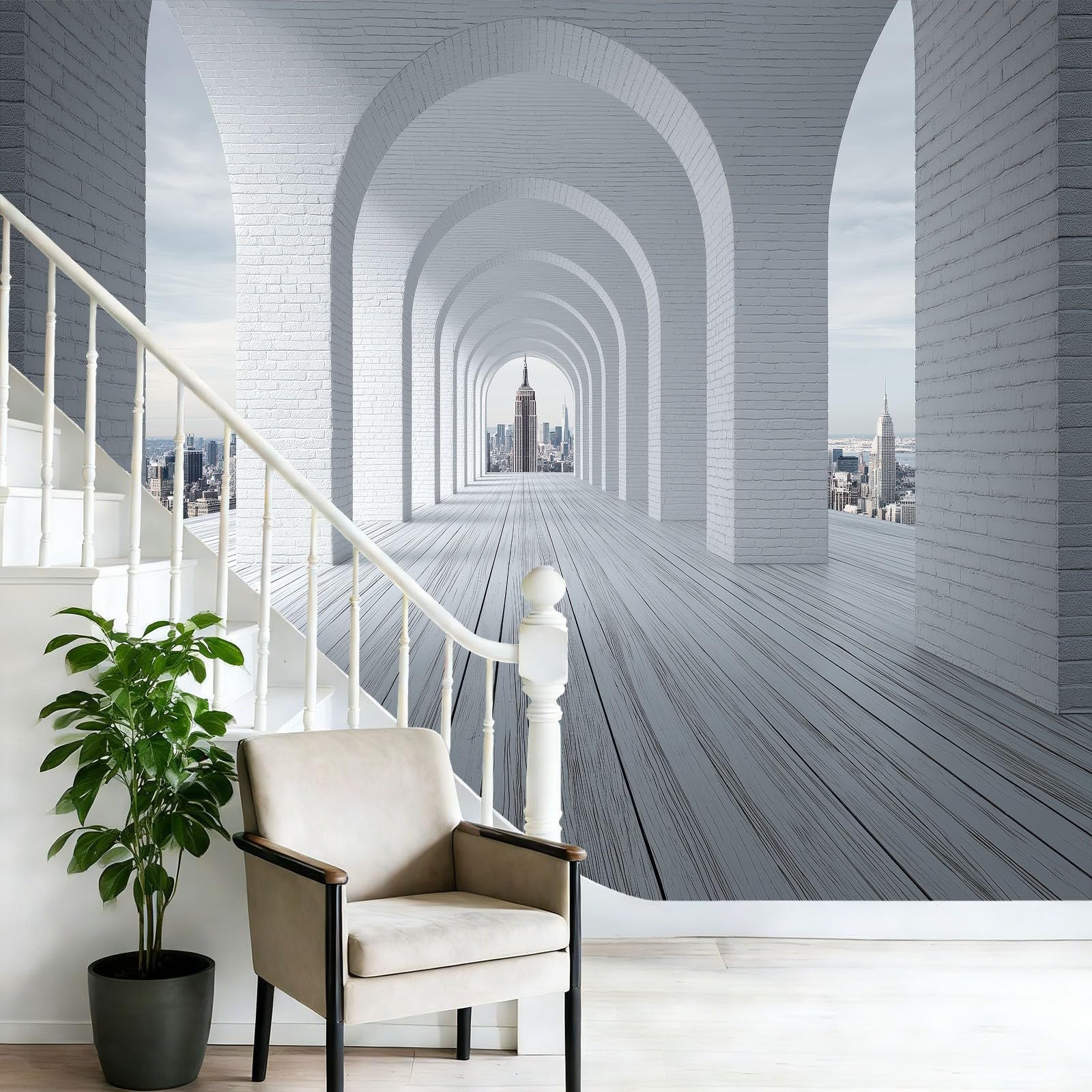 Carta da parati fotografica 3D, moderna e industriale, con tunnel e arco di mattoni, grattacieli, decorazione da parete, 350 x 256 cm, in tessuto non tessuto, XXL, per soggiorno, camera da letto