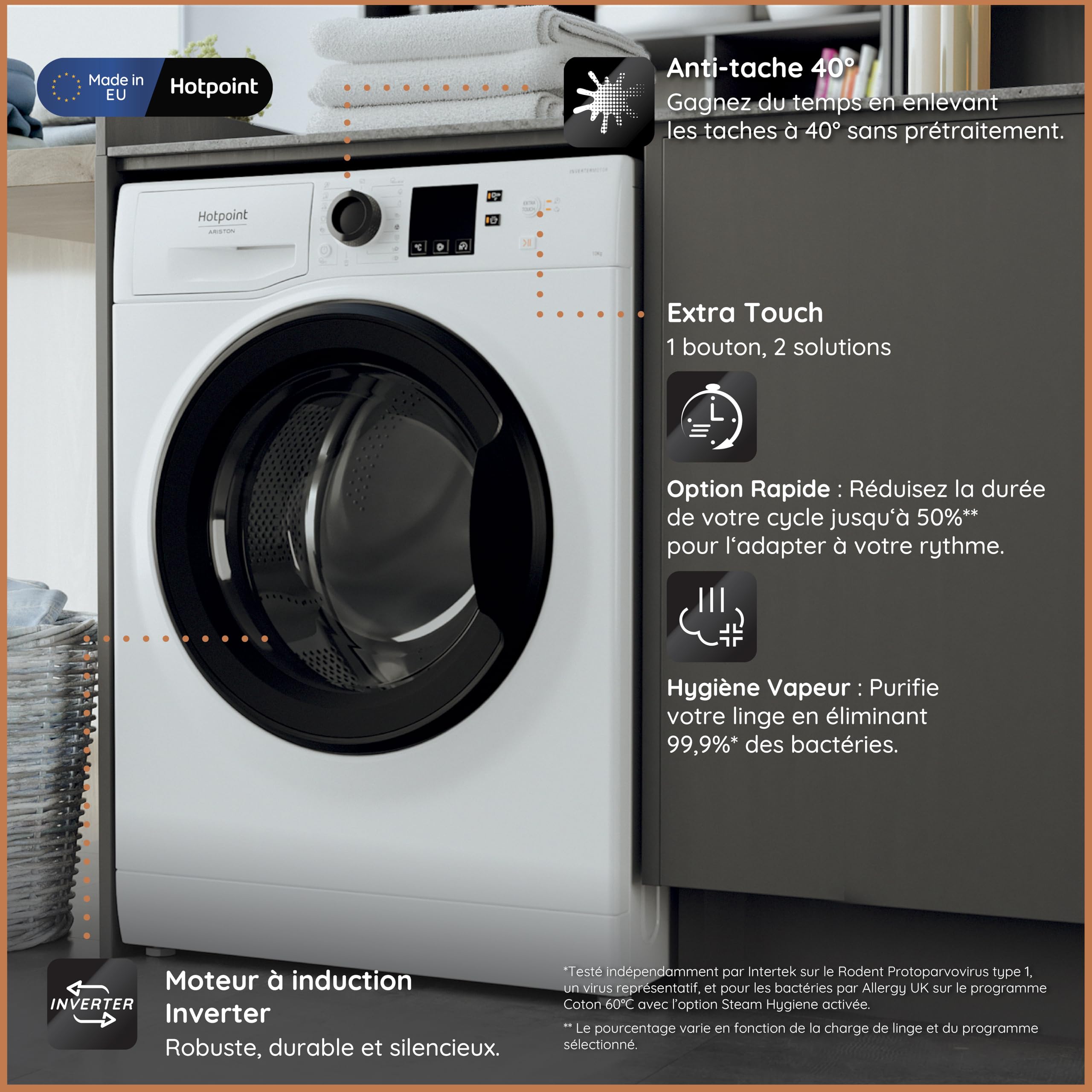 Hotpoint - NS1069CWKEUN Lave-linge Hublot Posable - 10 kg, 1400 tr/min, Moteur Inverter - Steam Hygiene, Départ Différé - Classe Énergétique A - Blanc