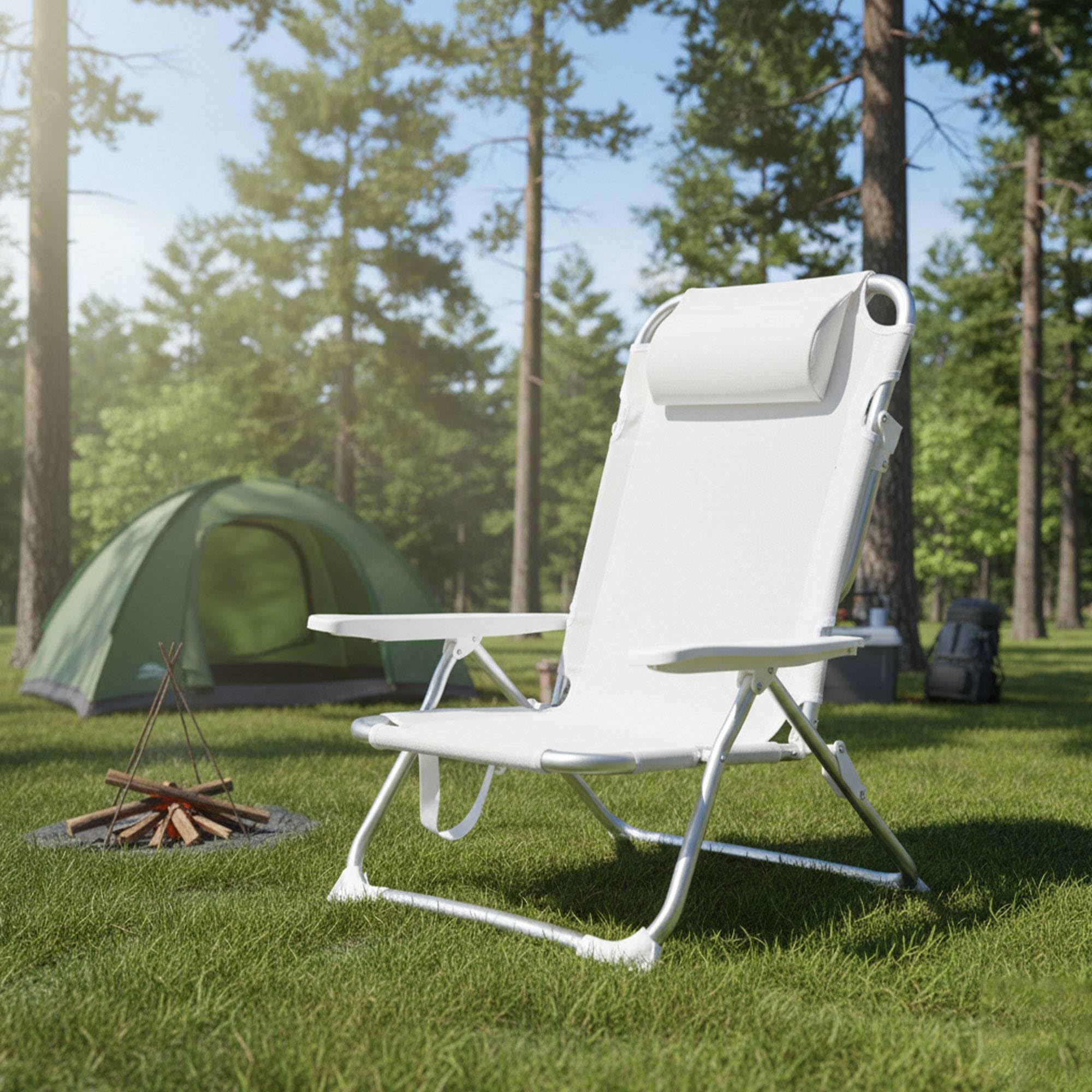 Well Home Silla de Playa Aluminio Tubo Ø22mm con Almohada, textilene 2x1 Tela Blanca, Altura Total 78cm, Asiento 47cm