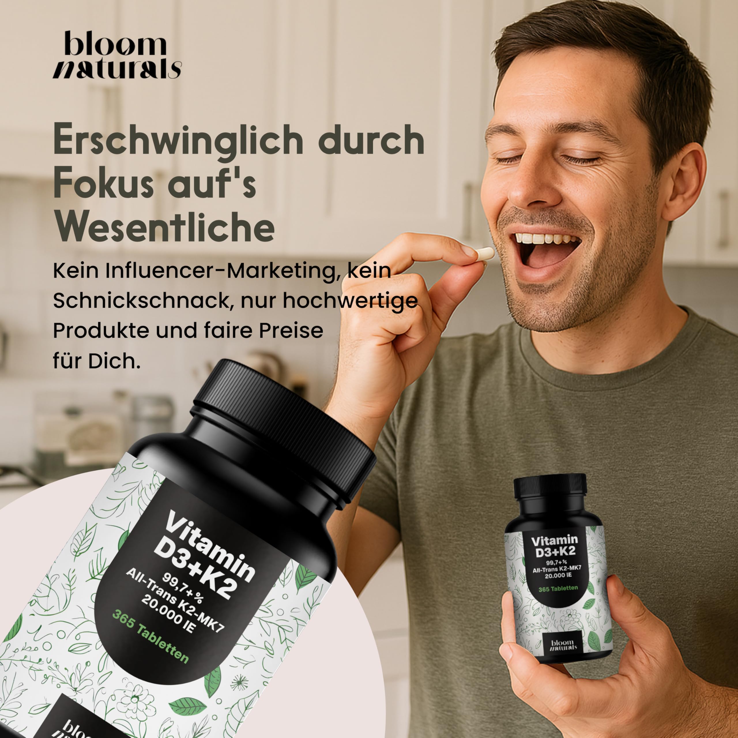 Vitamin D3 K2 hochdosiert – 365 Tabletten mit 20000 IE – 99,7+% All-Trans K2-MK7 - Vitamin D - produziert in Deutschland XXL Family Packung - Verpackung kann variieren
