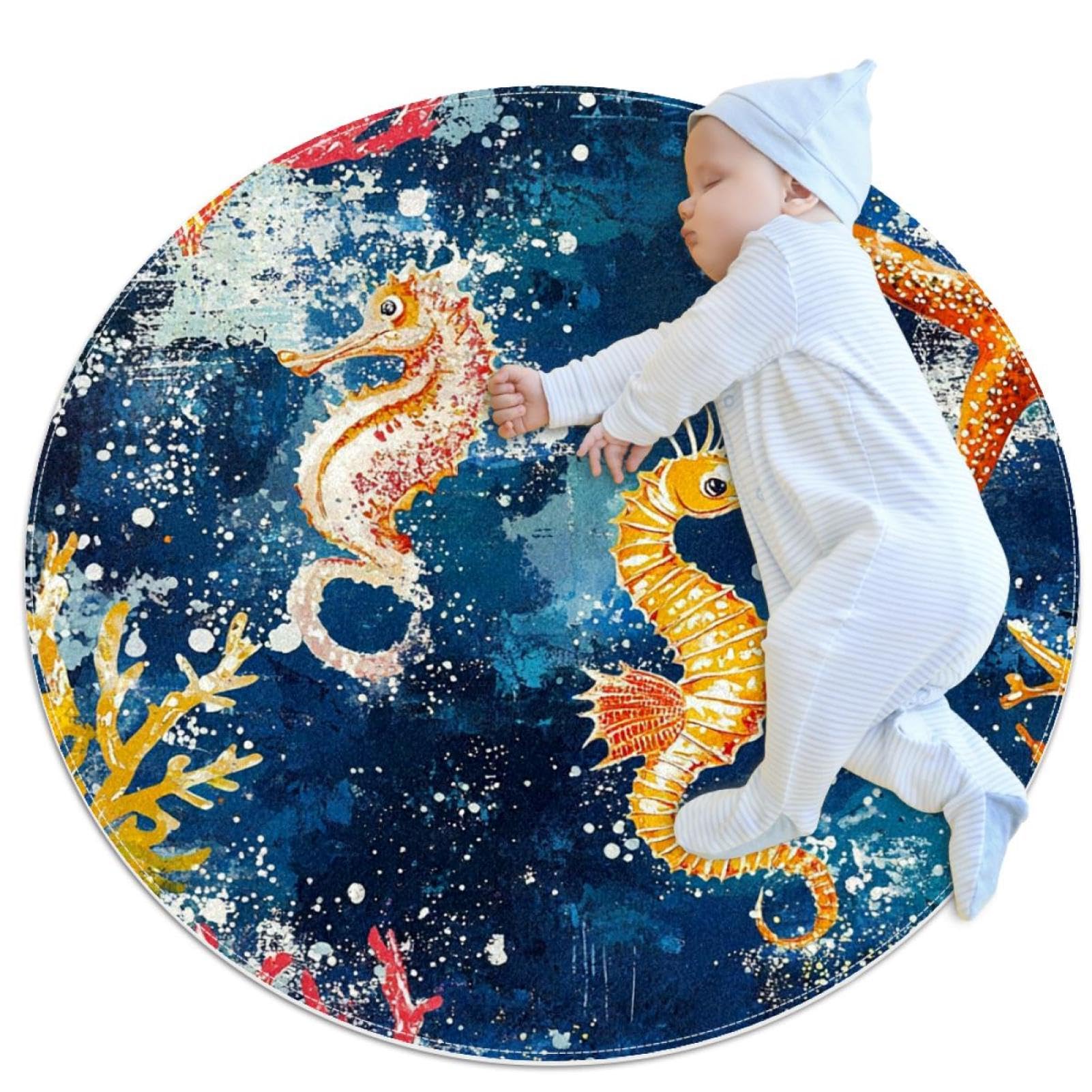 Tapis de salle de bain rond de 1m bleu avec hippocampe grunge et motif coraux