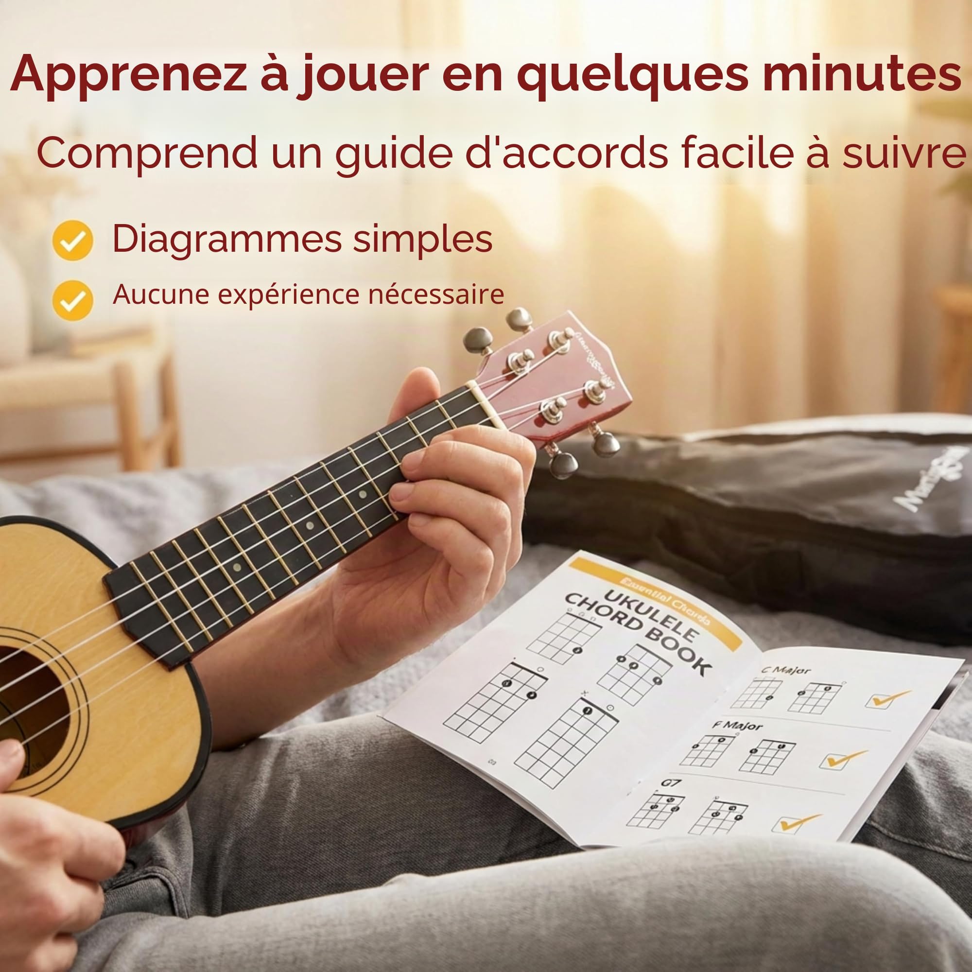 Martin Smith Ukulélé Soprano 21 Pouces, Set Débutant Acoustique 4 Cordes pour Enfants et Adultes avec Housse et Livre d’Accords, Naturel