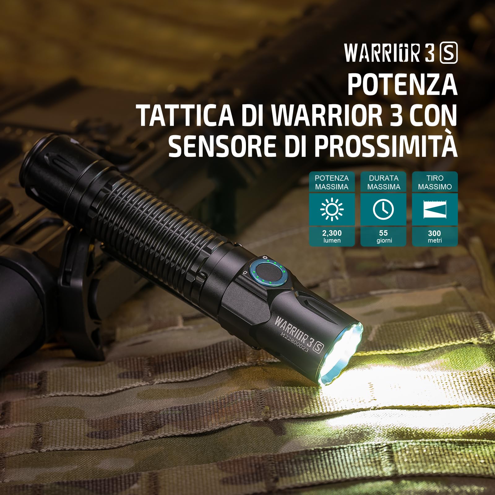 OLIGHT Warrior 3S Potente Torcia Max 2,300 Lumen, 300 Metri, 6 Uscite, 130 ore di Funzionamento Torcia con Doppio Interruttore a Led per Esterni, Forze Dell'ordine (Nero)