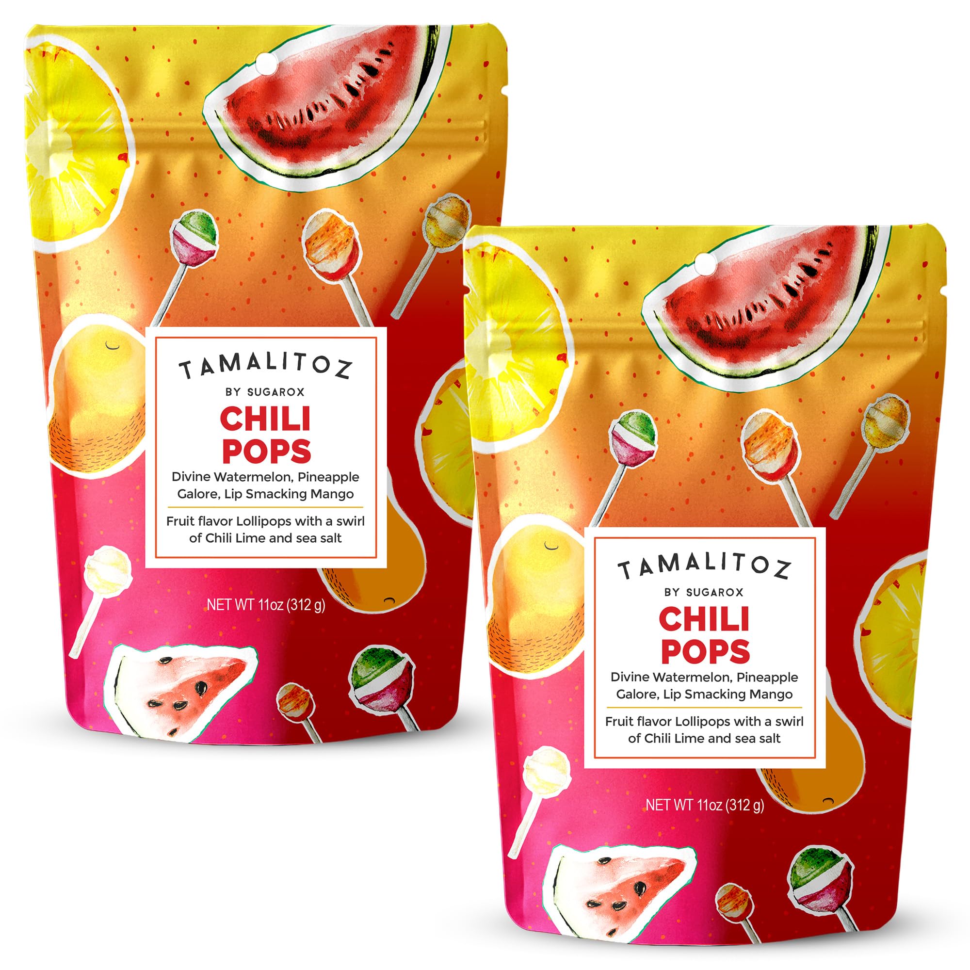 Tamalitoz Chili Pops – Spicy Mexican Lollipops with Chile, Lime & Sea Salt – Fruity Handcrafted Candy, Gluten-Free, Kosher, No Artificial Colors, 2 Bags (11oz each)