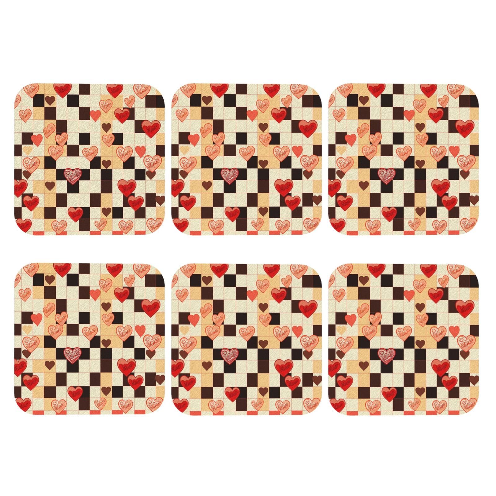 6pcs Leather Coasters for Drinks, Checkerboard Hearts Drink Coasters for Tabletop Protection, 4" Cup Coasters for Coffee Table Decor, Non-Slip Drinking Cup Mat for Hot Or Cold Drink
