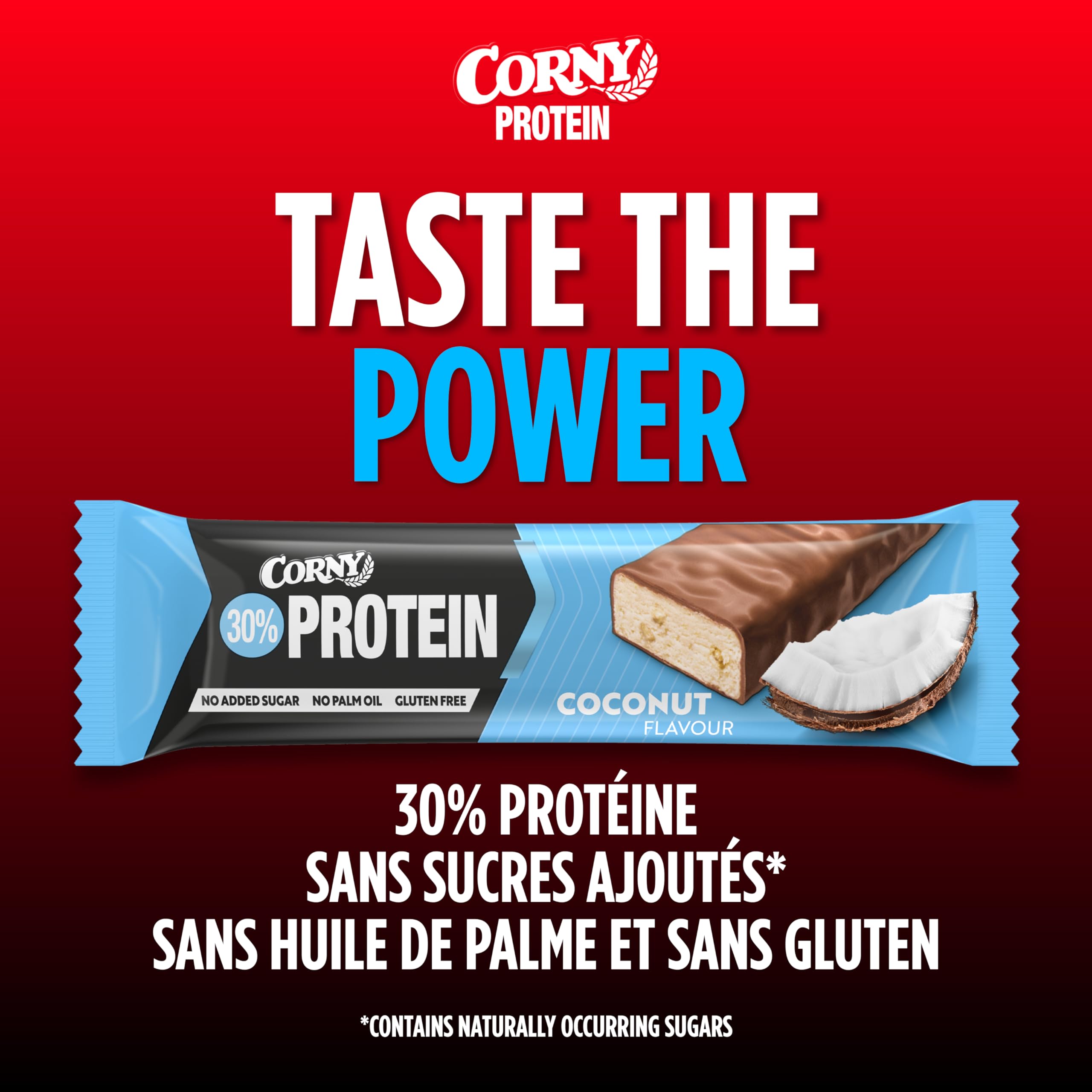 Barres protéinées, Corny Protein,Chocolat et Coco,13,5 gr de protéines, 0% de sucres ajoutés, Pack de 18x50g, Taste the Power