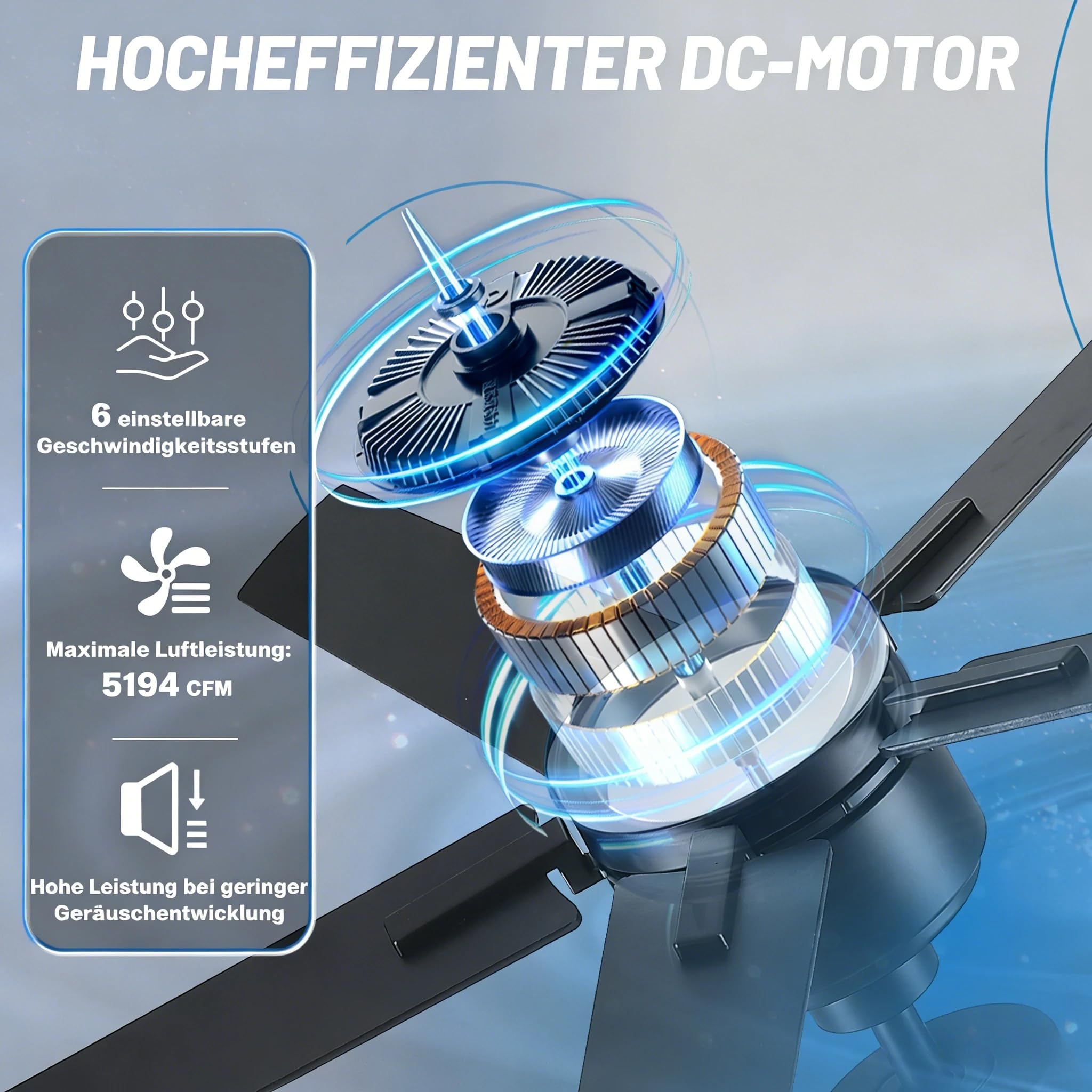Deckenventilator mit Beleuchtung 132cm, Fernbedienung und APP, 5 Flügel, Leise DC Motor, Timer, Schwarz