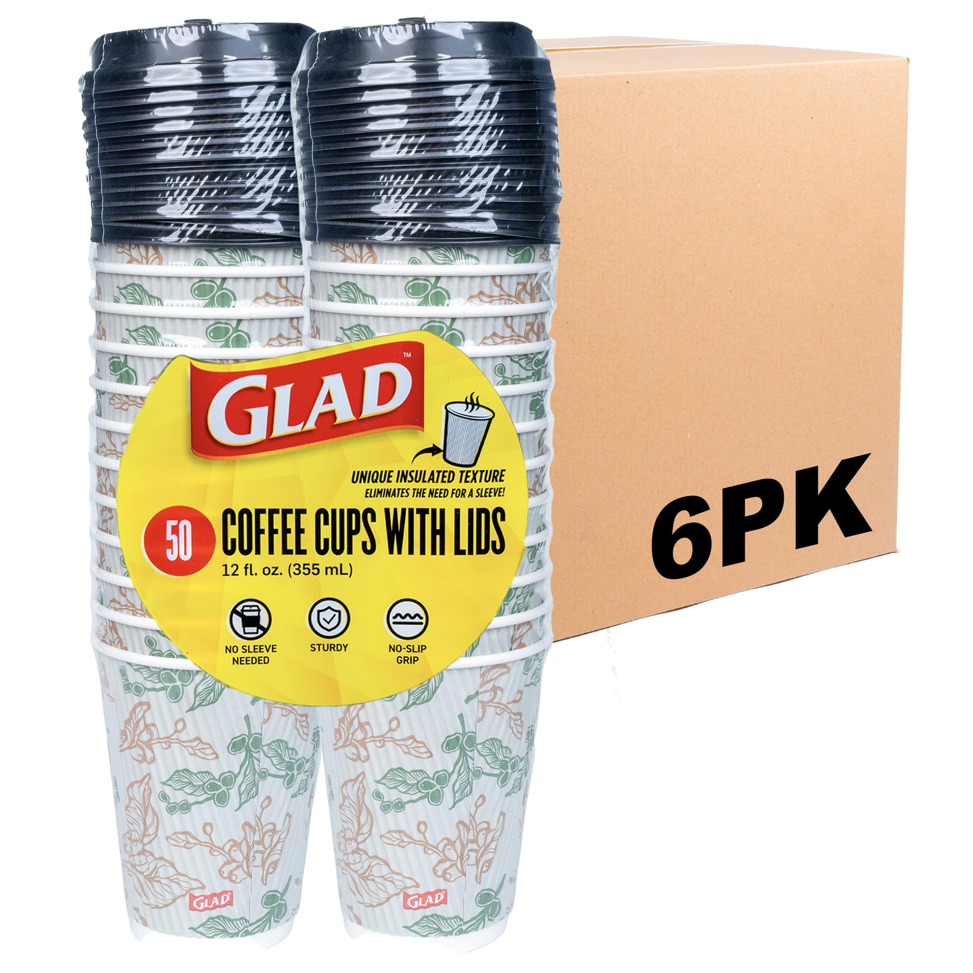 Glad Disposable Coffee Cups with Lids, 12 Oz Insulated Paper Hot Cups, No Sleeve Needed, Textured Non-Slip Grip, Fits Most Single-Serve Brewers, Floral Print, 50 Cups and 50 Lids - 6 Pack