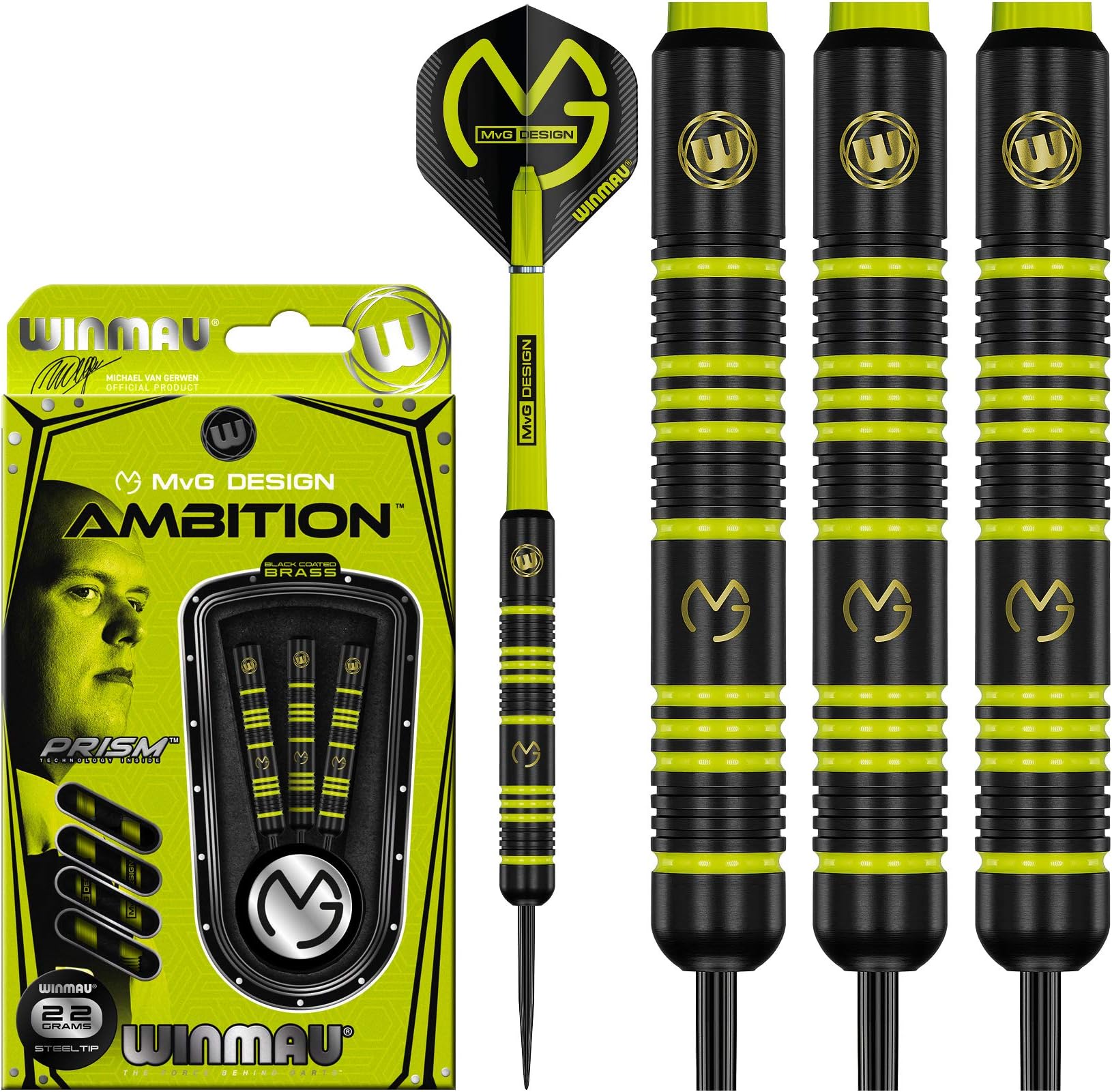 Michael Van Gerwen MvG Ambition Brass Darts Set with MvG Flights and Nylon Shafts (Stems)