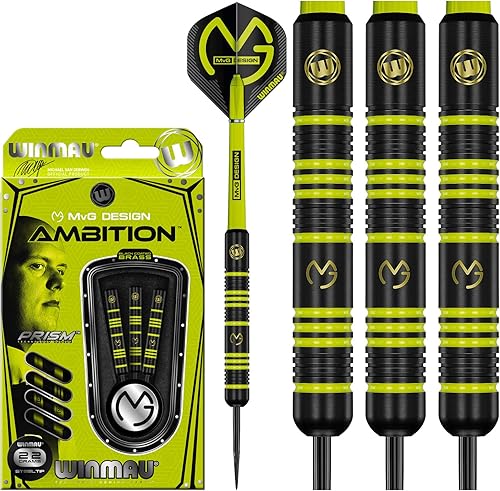 WINMAU Michael Van Gerwen MvG Ambition - Juego de dardos profesionales de latón con vuelos y ejes disponibles en punta de acero y punta suave