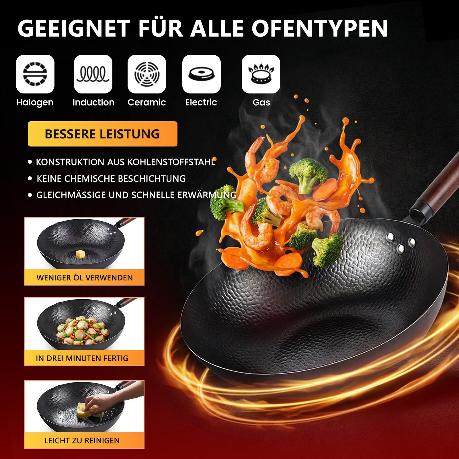 Wok mit Deckel 32cm Gusseisen Wokpfannen: Wok für Alle Herdarten Geschmiedet Eisenpfanne Keine Chemische Beschichtung Rostfrei und Leicht Reinigen