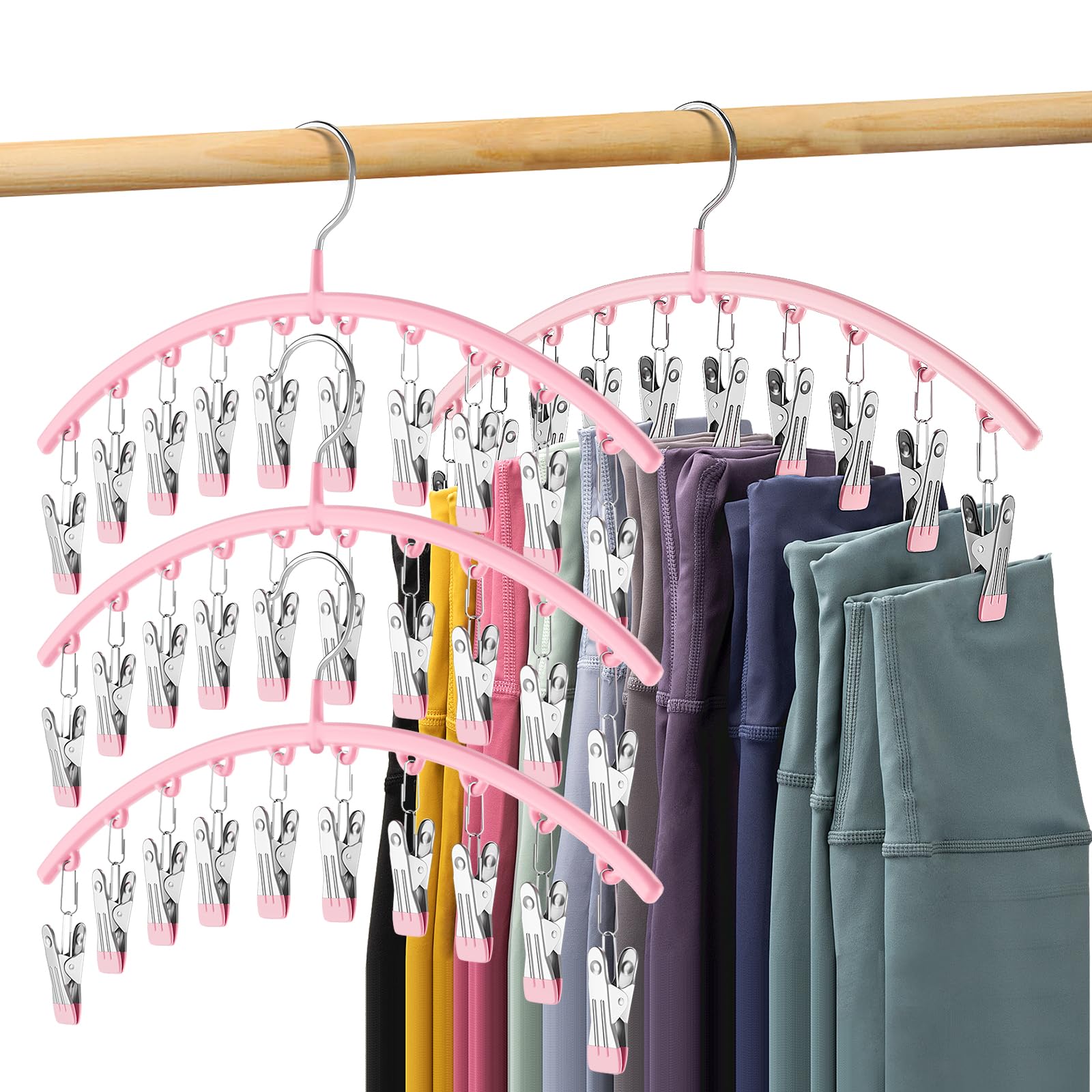 Legging Organizer for Closet, Metal Yoga Pants Hangers 4 Pack w/10 Clips Holds 40 Leggings, Space Saving Hanging Closet Organizer w/Rubber Coated Closet Organizers and Storage, Pink