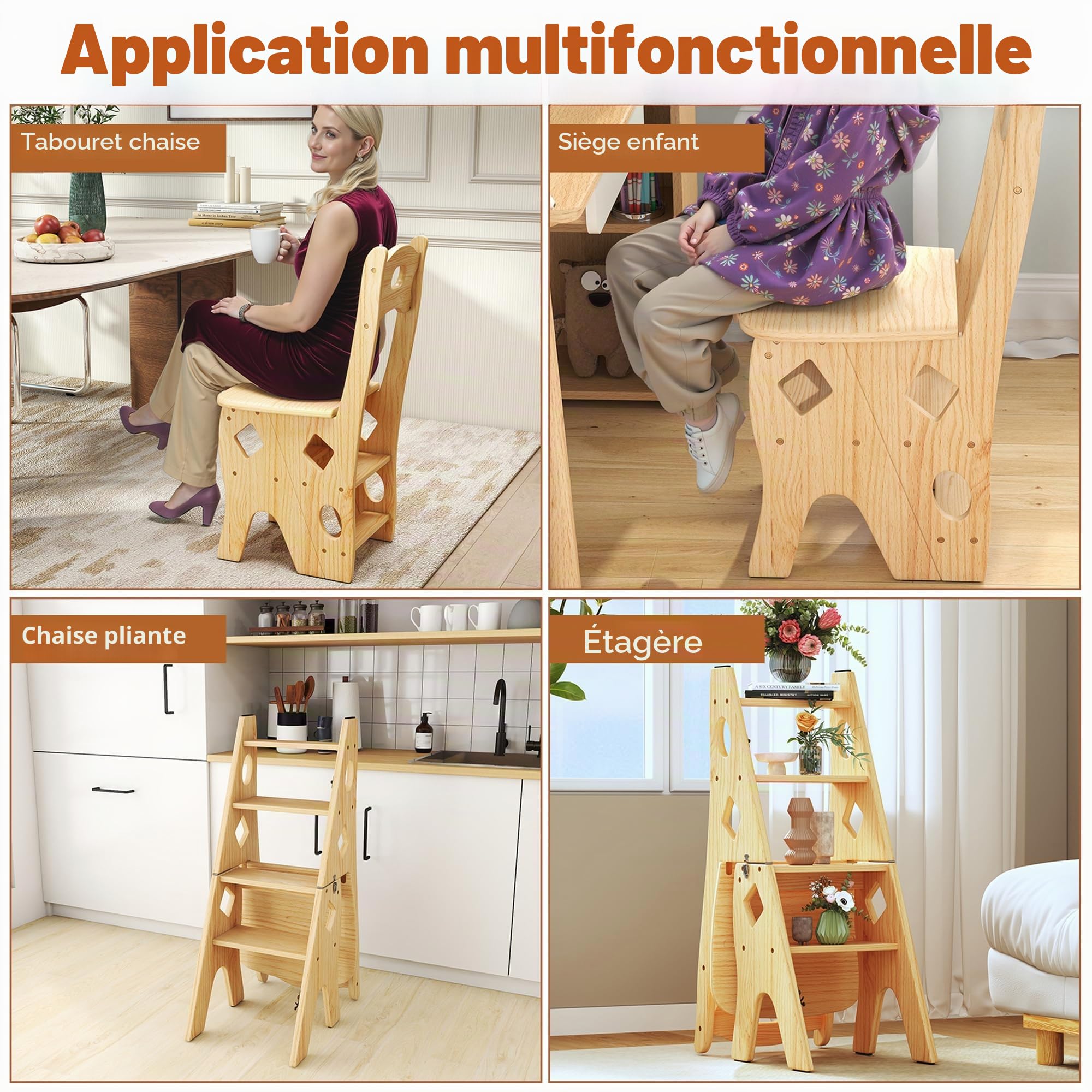 Tabouret de bibliothèque pliable 4 marches en bois jusqu'à 180 kg