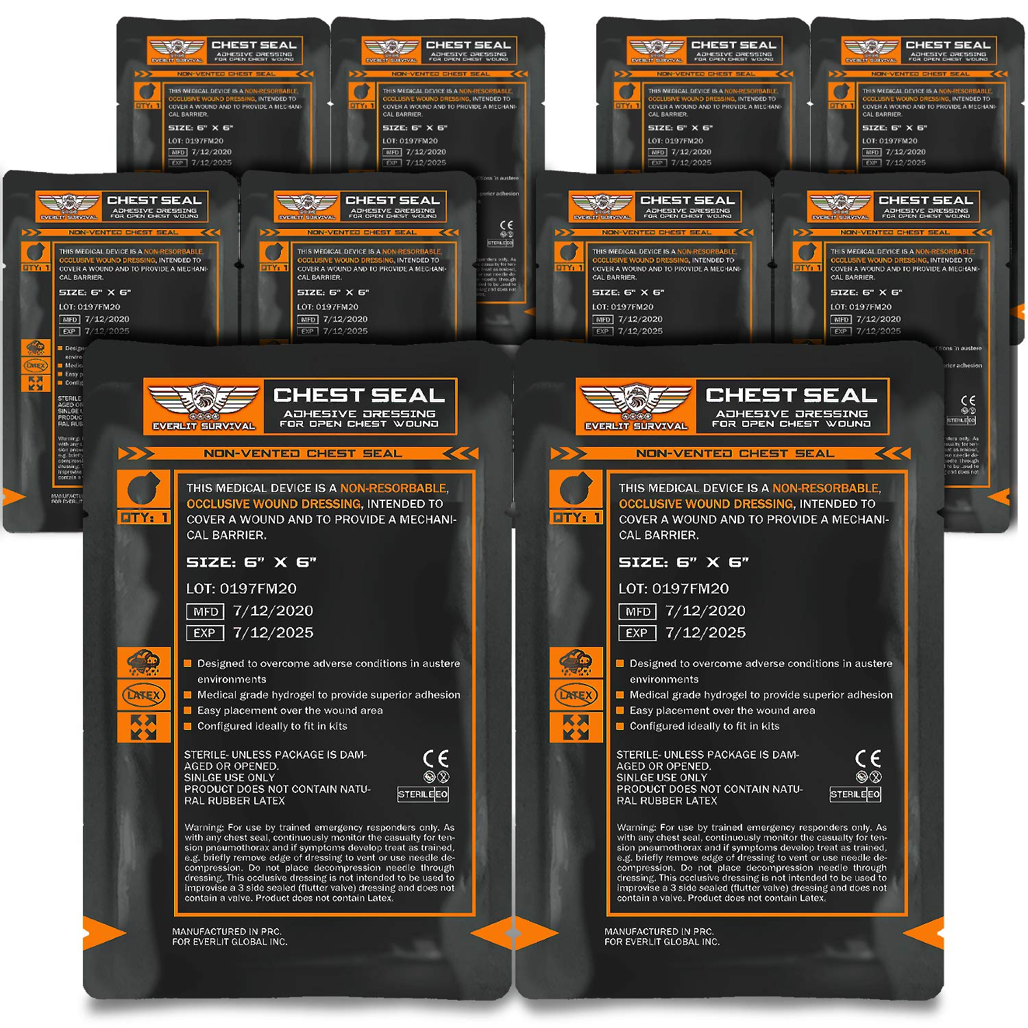 EVERLITOcclusive Chest Seal Non-Vented Adhesive Dressing for Open Chest Injury and Sucking Chest Wound (10 Count)