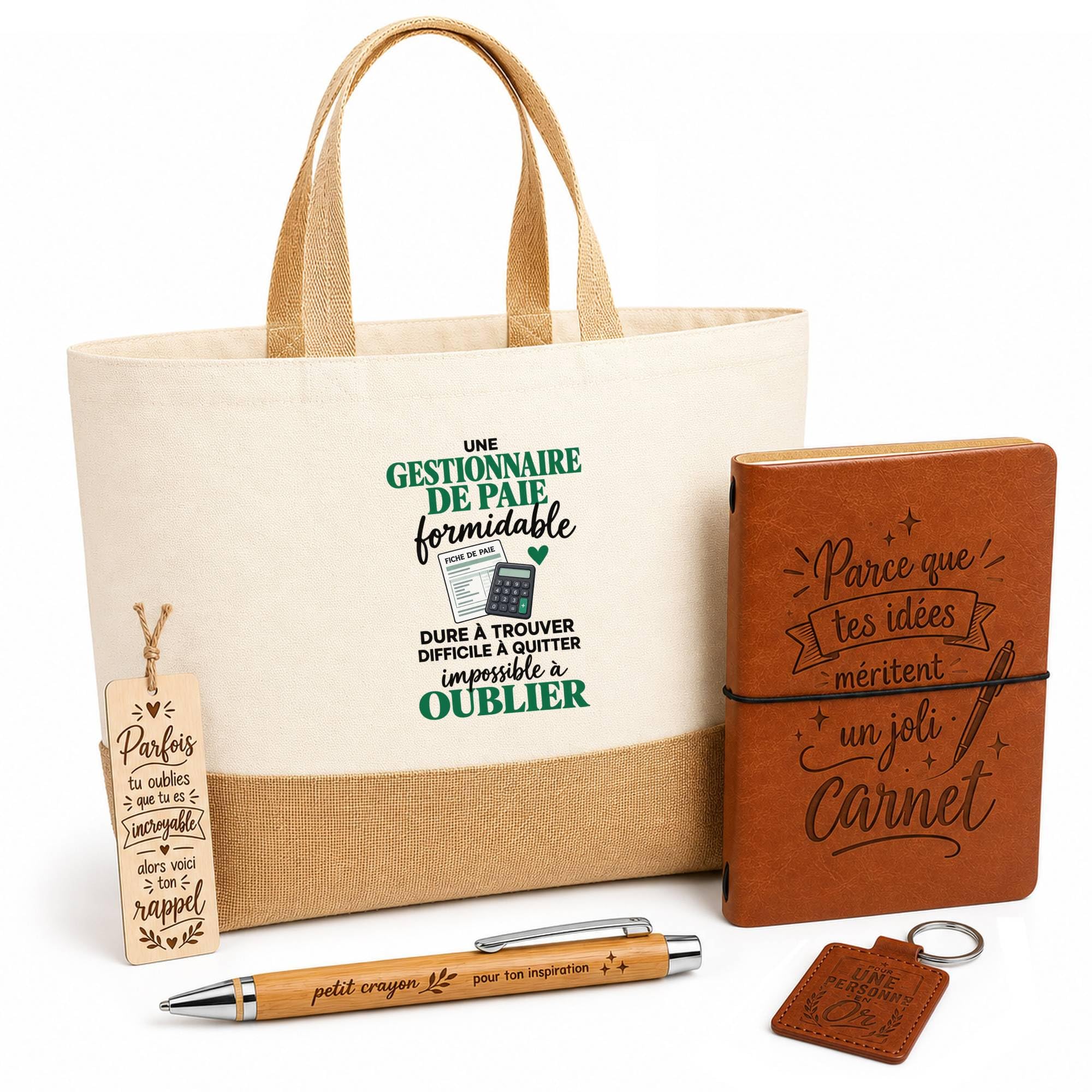 Otshirt Coffret Cadeau Gestionnaire de Paie Formidable | Sac Cabas Coton et Jute 18 L, Carnet, Stylo Bambou, Porte-Clés, Marque-Page | 5 Pièces | Idée Cadeau Ressources Humaines Noël Départ