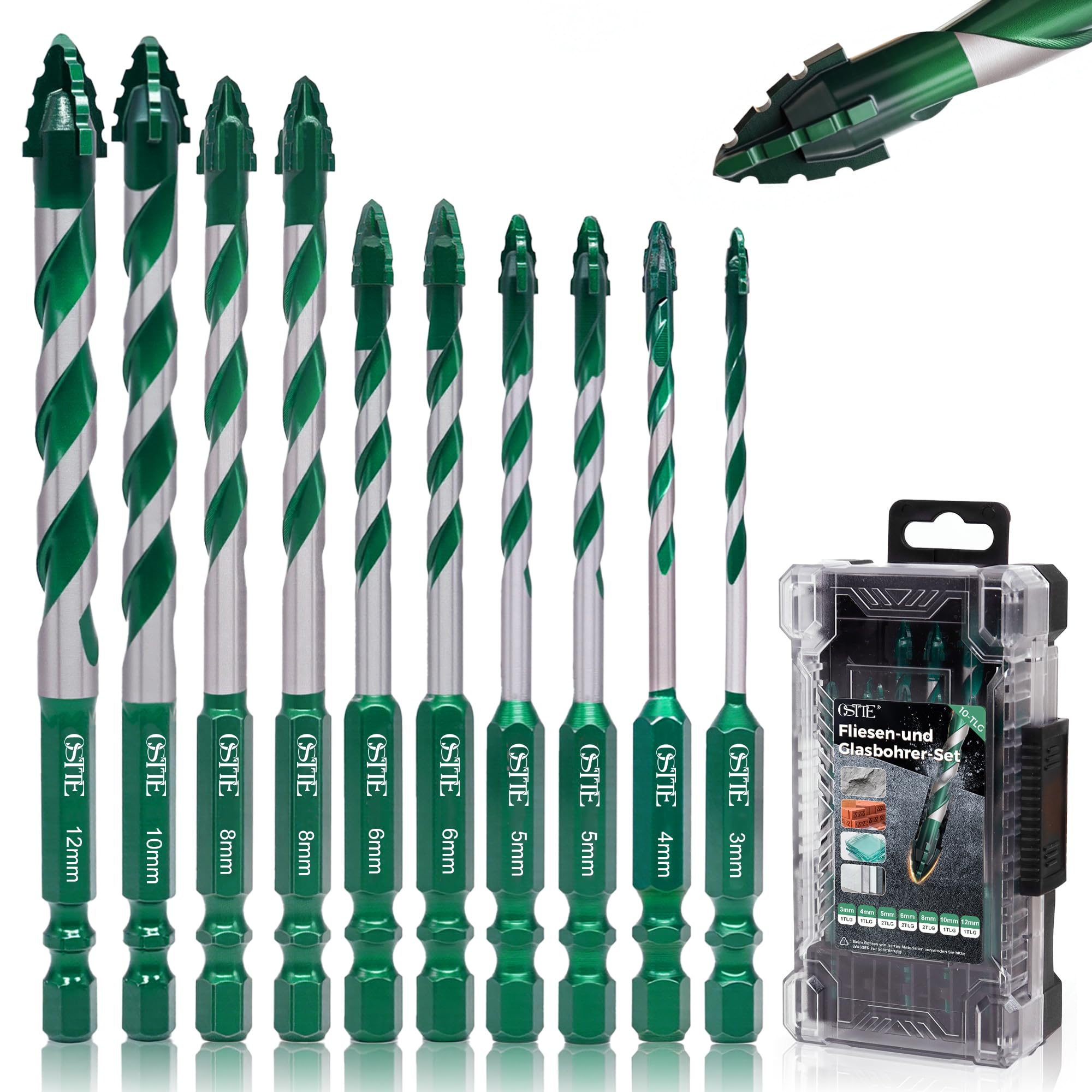 Lot de 10 forets excentriques à dents de scie à quatre tranchants avec cobalt, foret à pierre 3-12 mm, tige hexagonale de 6,3 mm, foret en carbure pour céramique, carrelage, métal, béton, verre vert