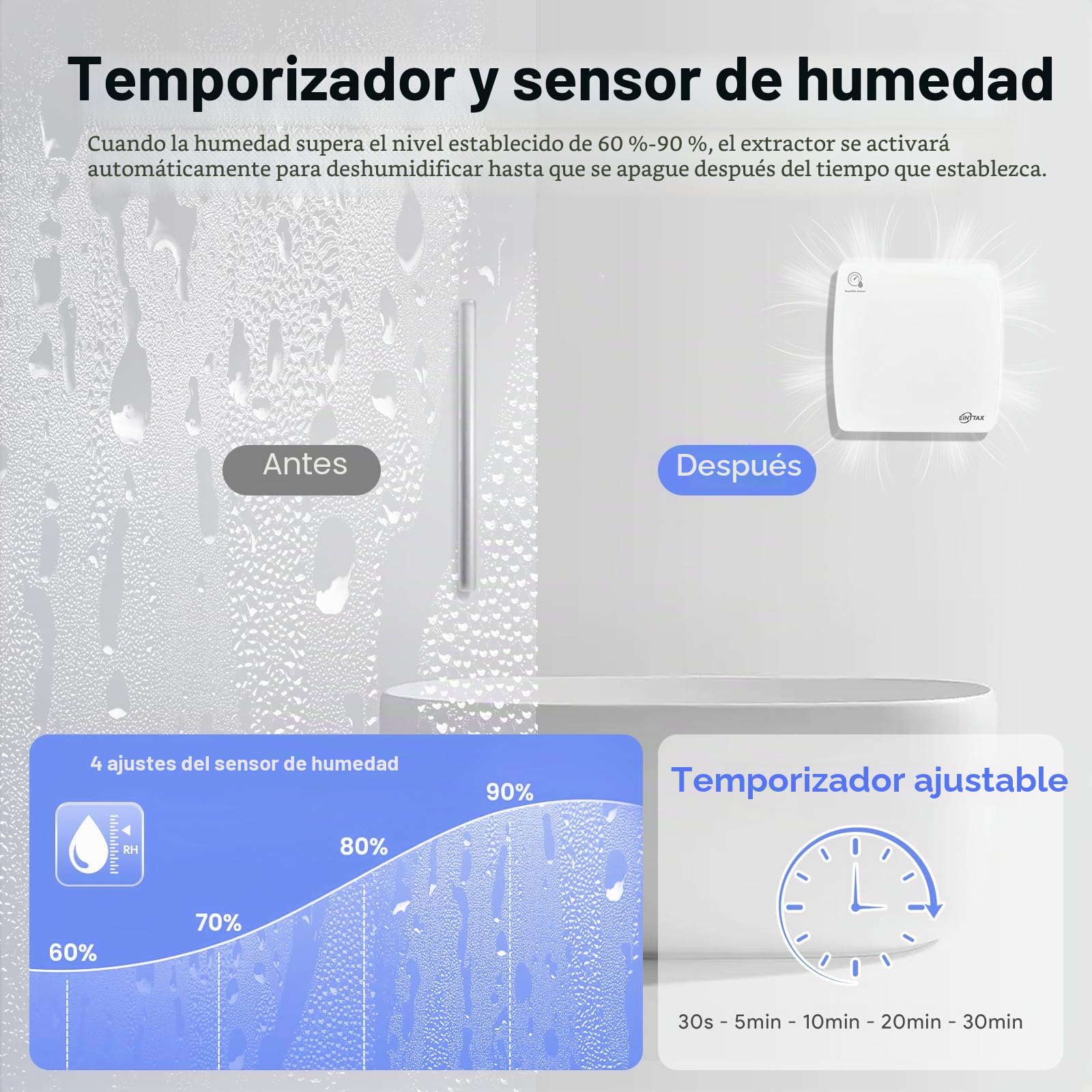 Ventilador extractor silencioso de 100 mm para baño con sensor de humedad y temporizador, ventilador cuadrado blanco para baño 95 m³/h, ventilador extractor de pared/ventana para cocina, ducha