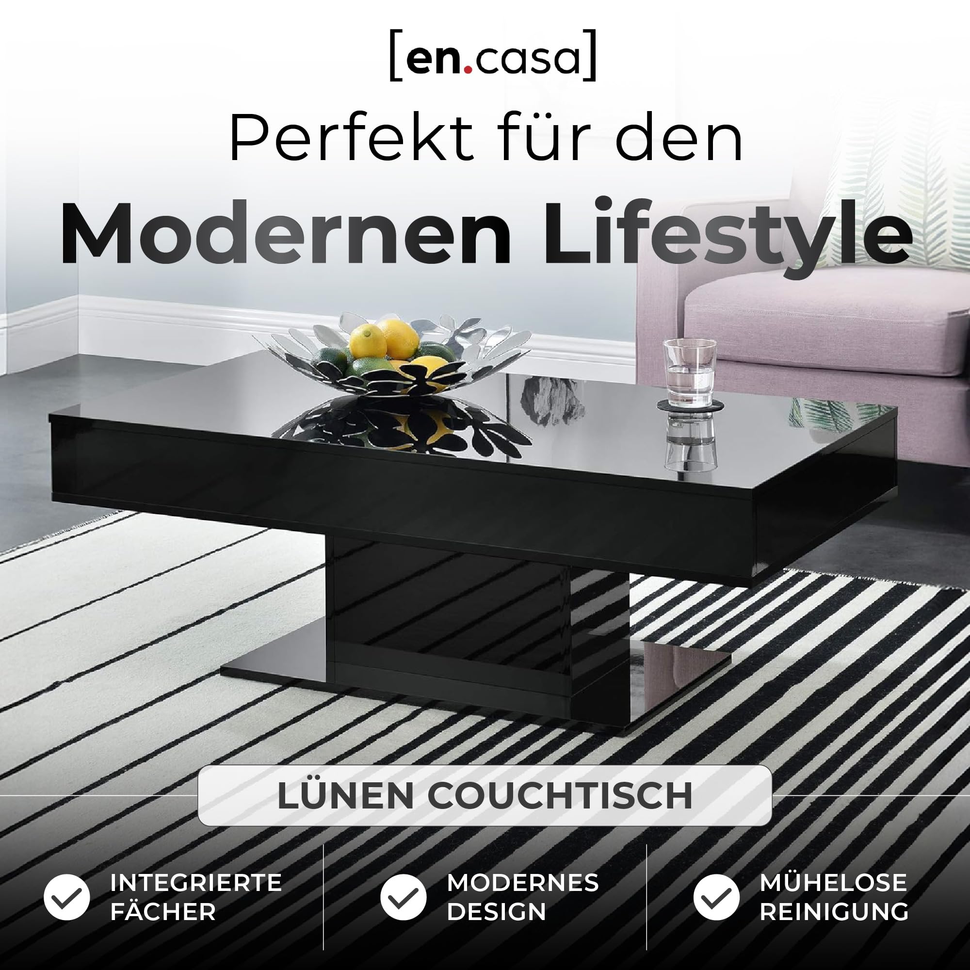 [en.casa] Couchtisch Lünen Wohnzimmertisch mit Stauraum Truhentisch Sofatisch mit ausziehbarer Tischplatte rechteckig 2 Staufächer 40 x 110 x 60 cm Schwarz Hochglanz