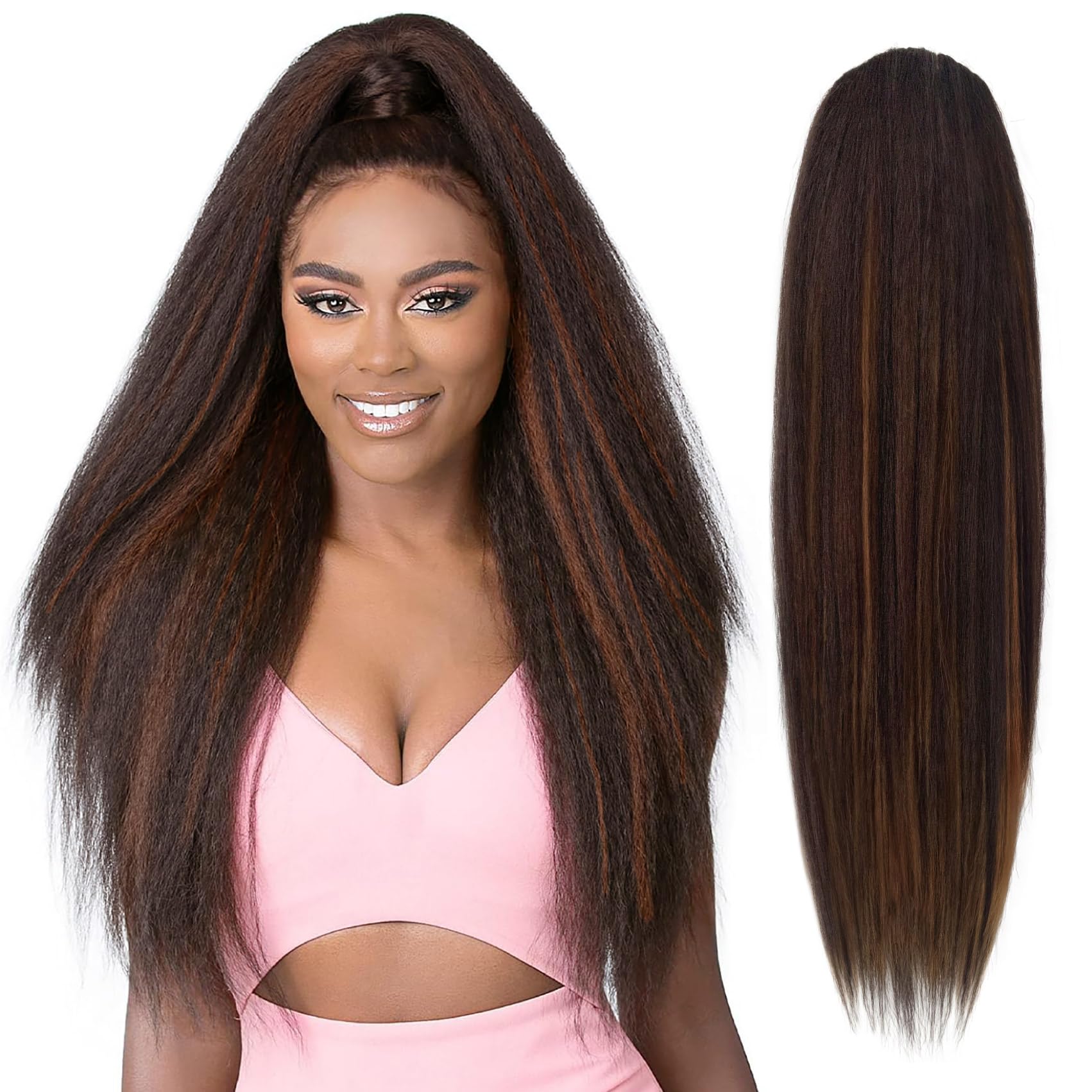 UAmy hair long Yaki Straight Drawstring Ponytail for Black Women 26inch Synthetic Brown with Highlights Kinky Straight Clip in Ponytail Extension for