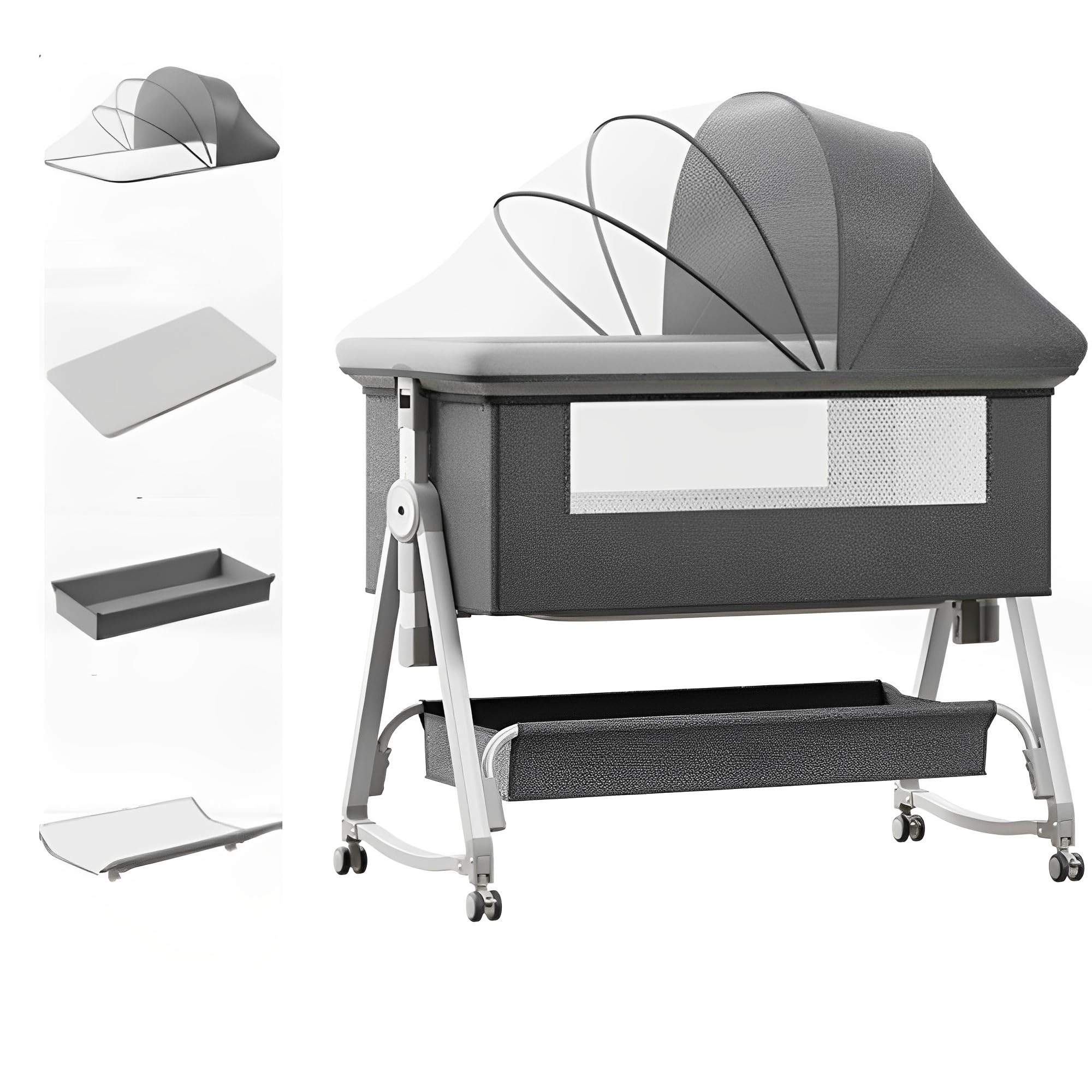 Beauenty Bedside Crib for Baby,Hight Adjustable Newborn Bedside Sleeper,Baby Bassinet Bed with Mosquito Nets and Large Storage Basket,Movable Baby Crib with Wheels,Easy to Assemble Bassinets