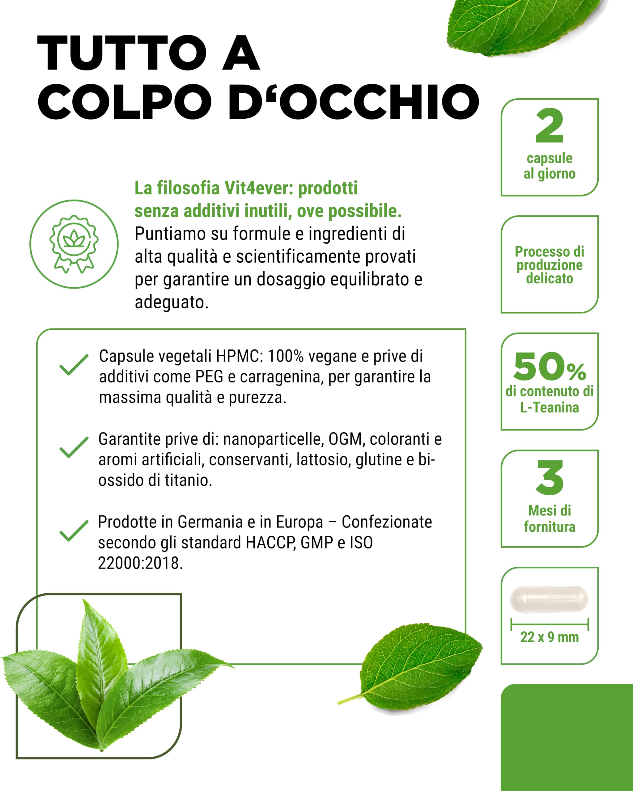 L-Teanina - 180 capsule - 750 mg per dose giornaliera - Da estratto naturale di tè verde - Alta dose - Vegana