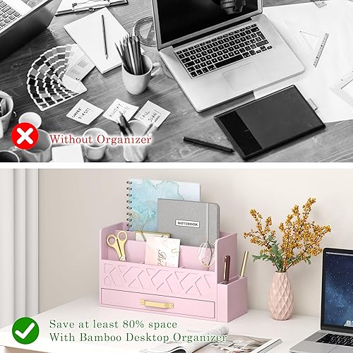 Miniatura 6 de Wisuse Organizador de correo de escritorio de bambú con cajón, caja de almacenamiento de clasificador de billetes de archivos de madera para