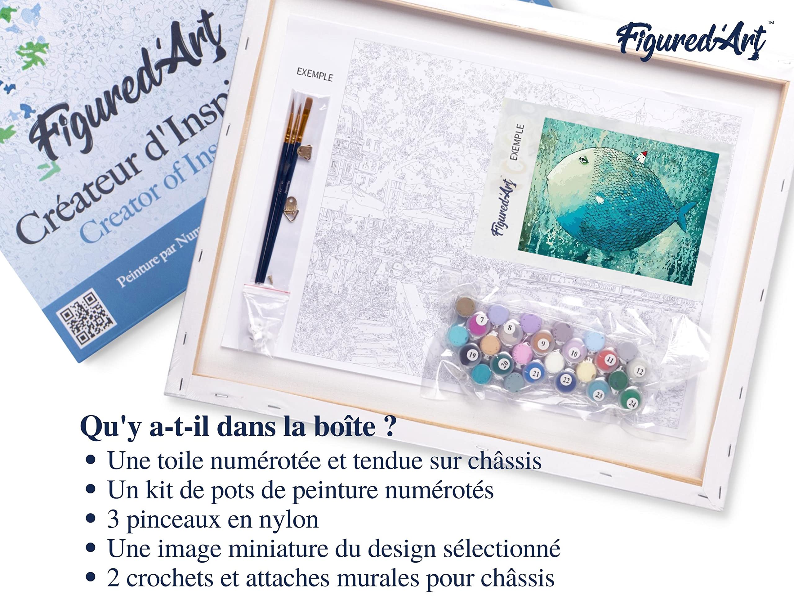Figured'Art Peinture par Numéro Adulte avec Cadre Poisson Artistique - Activité Manuelle Kit de Loisir Créatif DIY Numéro d'Art Complet - 40x50cm toile tendue sur châssis