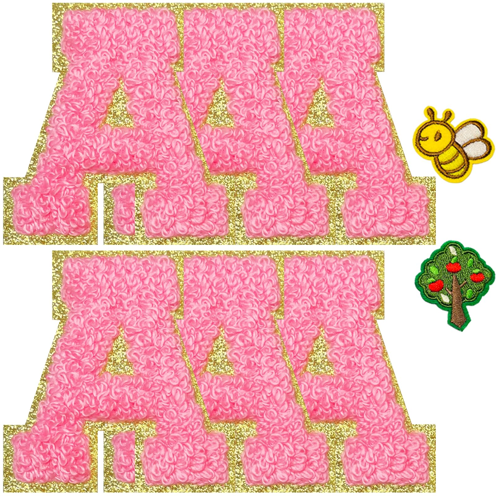 Iron On Letters Chenille Letter Patches for Clothing, 2.2'' Varsity Self Adhesive Letters Embroidery Glitter Stick On Alphabet Patches (Pink 6pcs A)