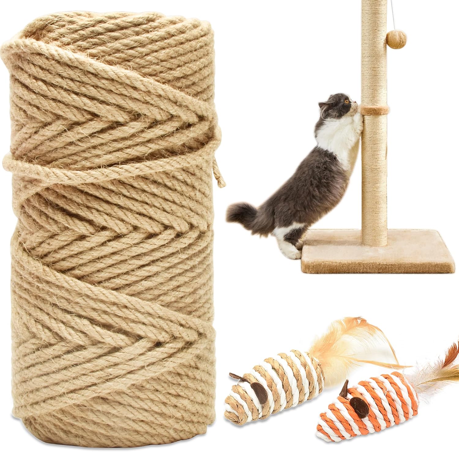 HezzLuv 50M Cat Scratching Sisal Rope, 6mm Thick Natural Jute Rope for Scratch Posts, Trees, DIY