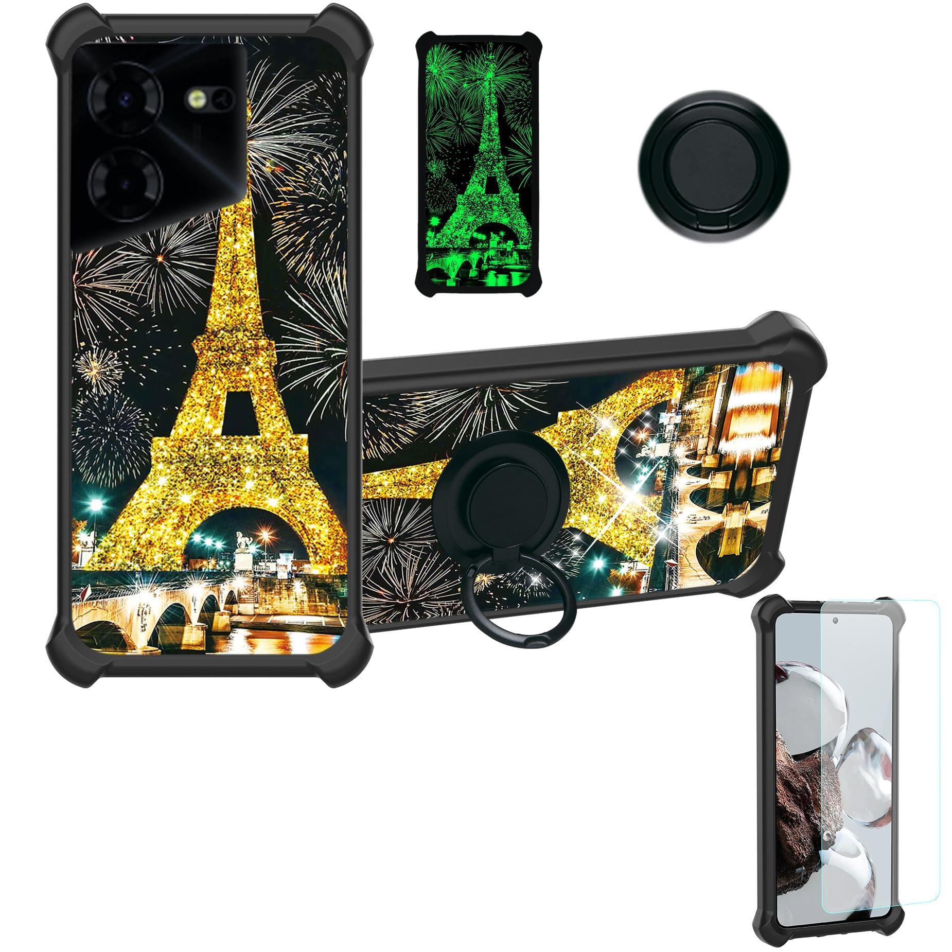 Case for Tecno POVA 5 Pro 5G Case Compatible with Tecno POVA 5 Pro 5G Phone Case Cover [with Tempered Glass Screen Protector][Ring Support][Gold Glitter+Luminous] JSH-TT