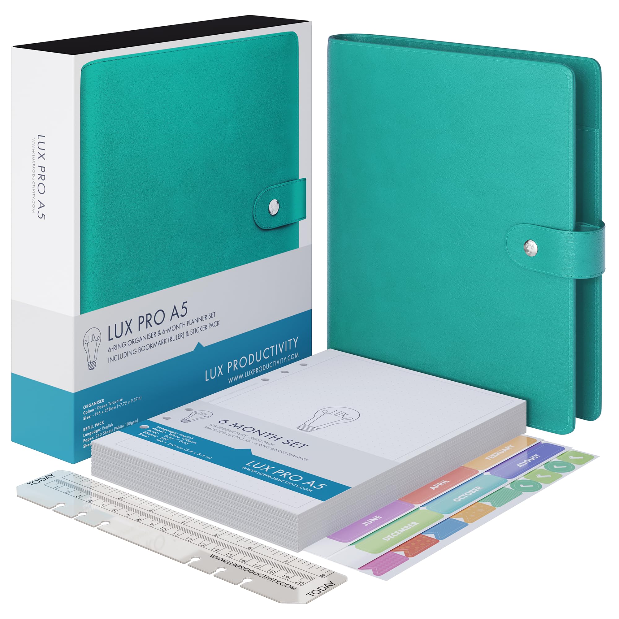 LUX PRO A5 - Daily Planner & appointment diary - Gratitude journal, wellness journal & UNDATED weekly planners and organisers - Desk journals for women & men - LUX Productivity (Turquoise Ocean)