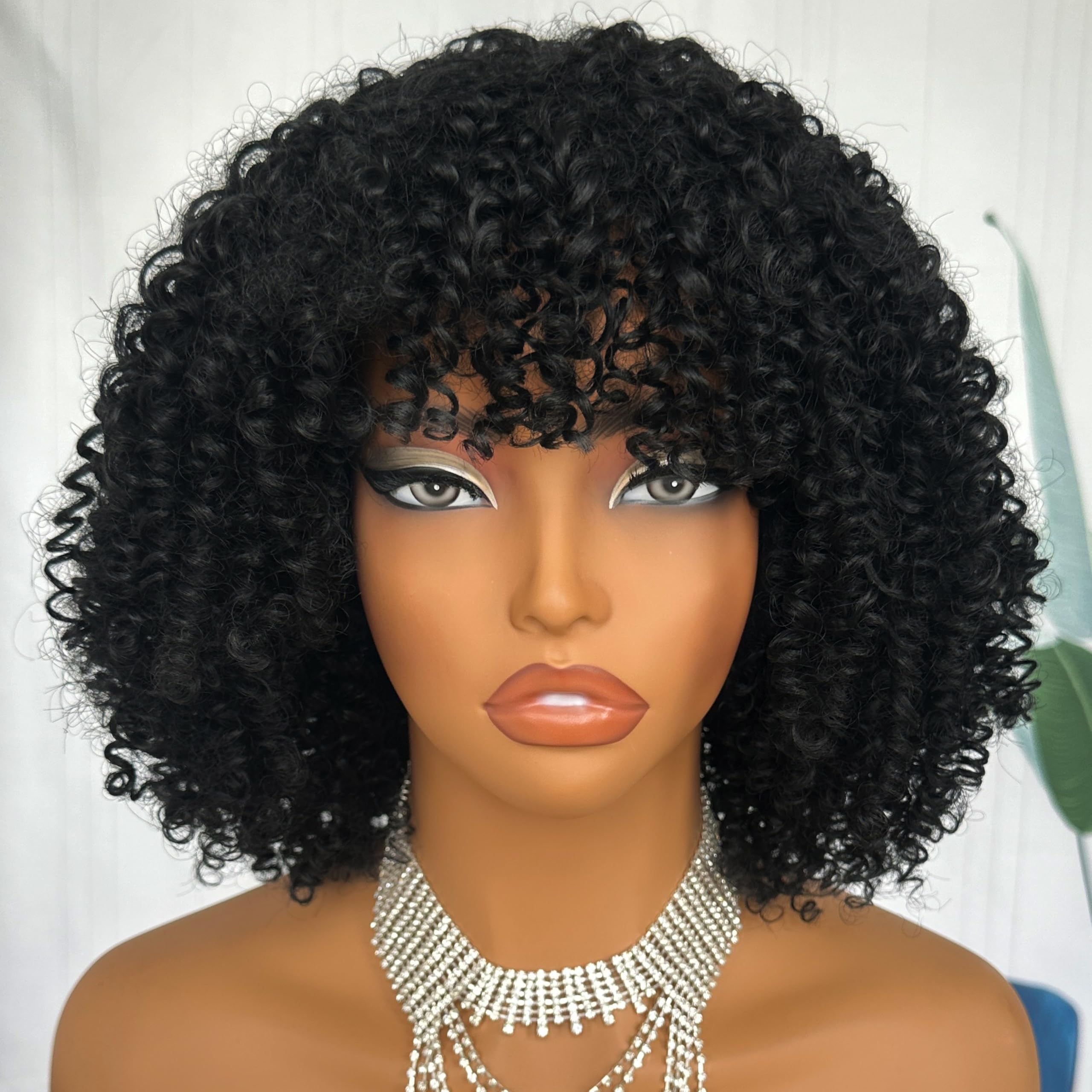 SOKU Short Curly Wigs with Bangs for Black Women Afro Kinky Curly Hair Wig Natural Black Synthetic Wigs 10 Inch Glueless Full Hair Wig for Daily Party
