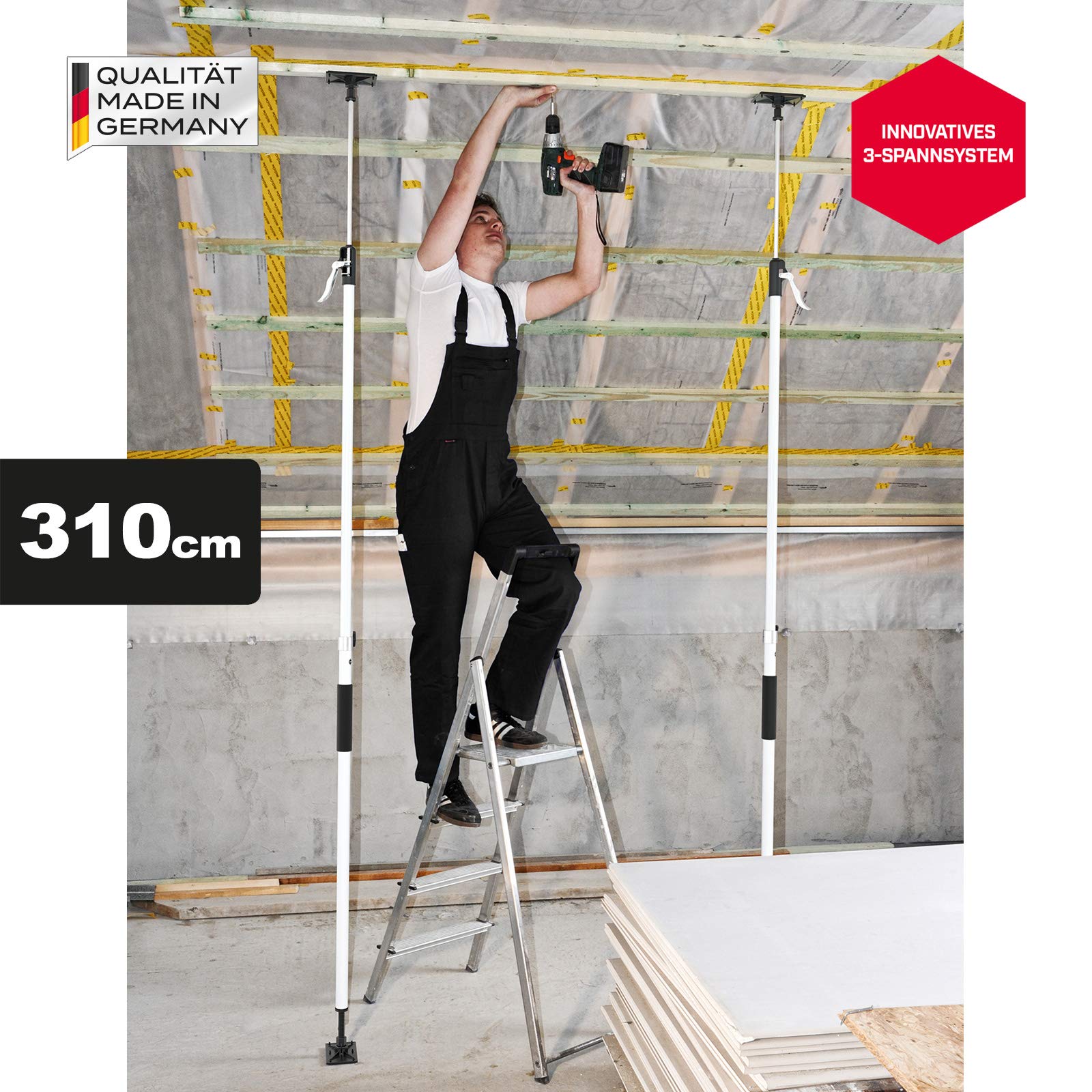 2x MULTISPANN® Montagestütze 133-310cm - Max. 80kg - Made in Germany - Deckenstütze, Einhandstütze und Baustütze mit innovativem 3-Spannsystem - Für Handwerk und Industrie - MS-MS80-310