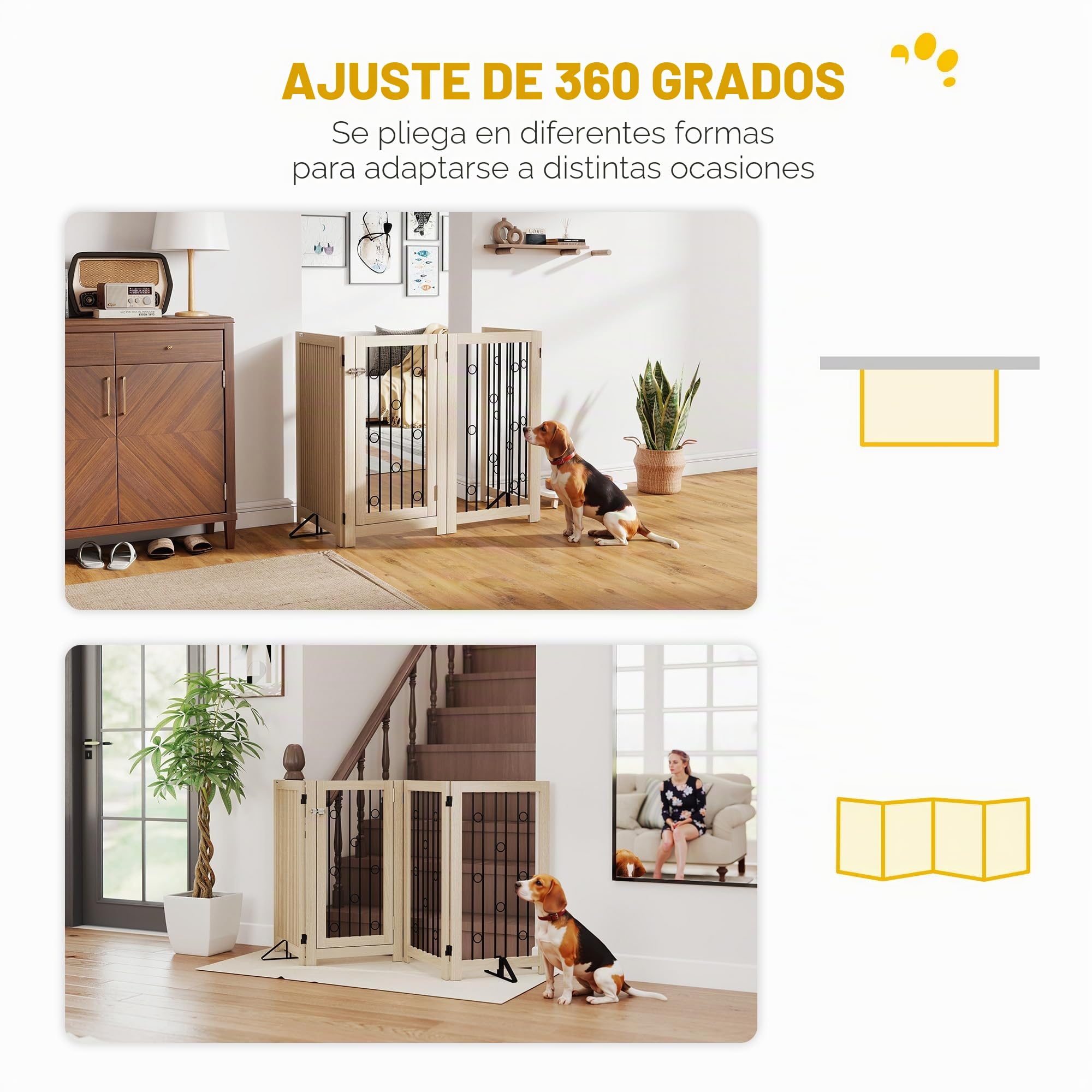 PawHut - Rejilla de protección para perros independiente, HxAn: 91,5 x 205 cm Rejilla plegable para perros con 2 patas de apoyo, puerta con cerradura, rejilla para mascotas para cocina, chimenea