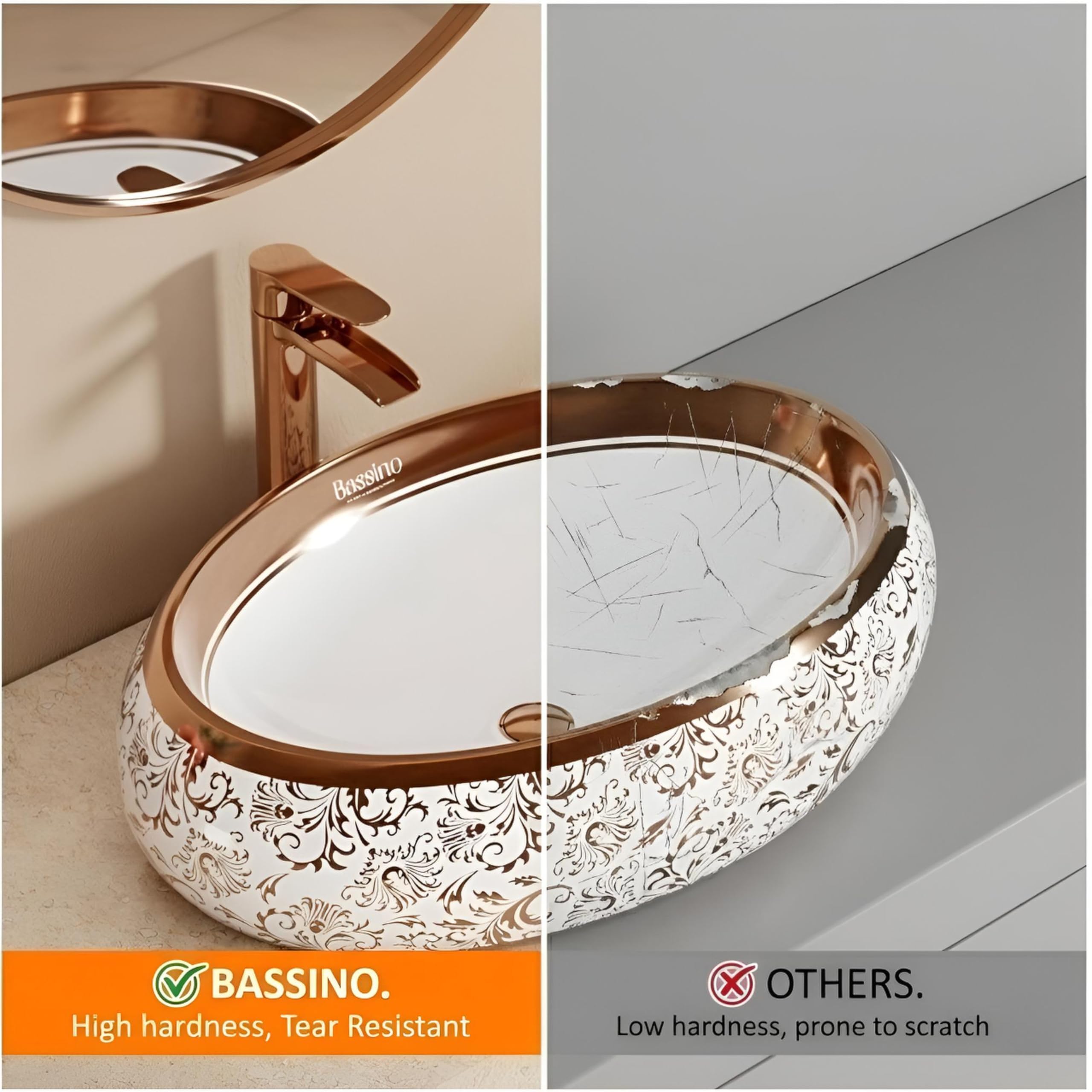 BASSINO Table Top Wash Basin - White & Rose Gold -7