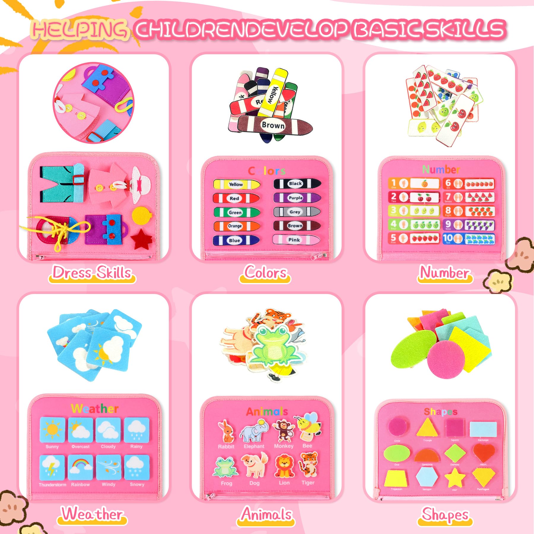 Busy Board Giochi Montessori 1 Anno - Libro Montessori Interattivo in Feltro, Pannello Sensoriale Educativo per Bambini - Giochi Bambini 2 Anni, Regalo Bimbo Bimba Compleanno (rosa)