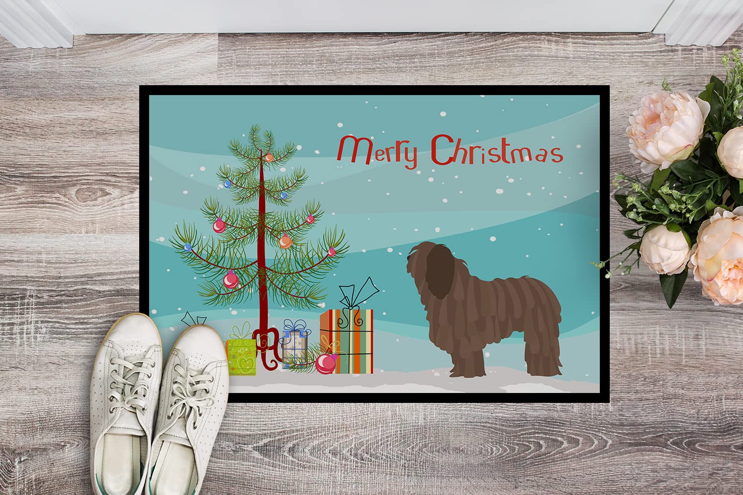 Caroline's Treasures BB8453MAT Bergamasco Shepherd Christmas Doormat 18x27 Front Door Mat Indoor Outdoor Rugs for Entryway, Non Slip Washable Low Pile, 18H X 27W