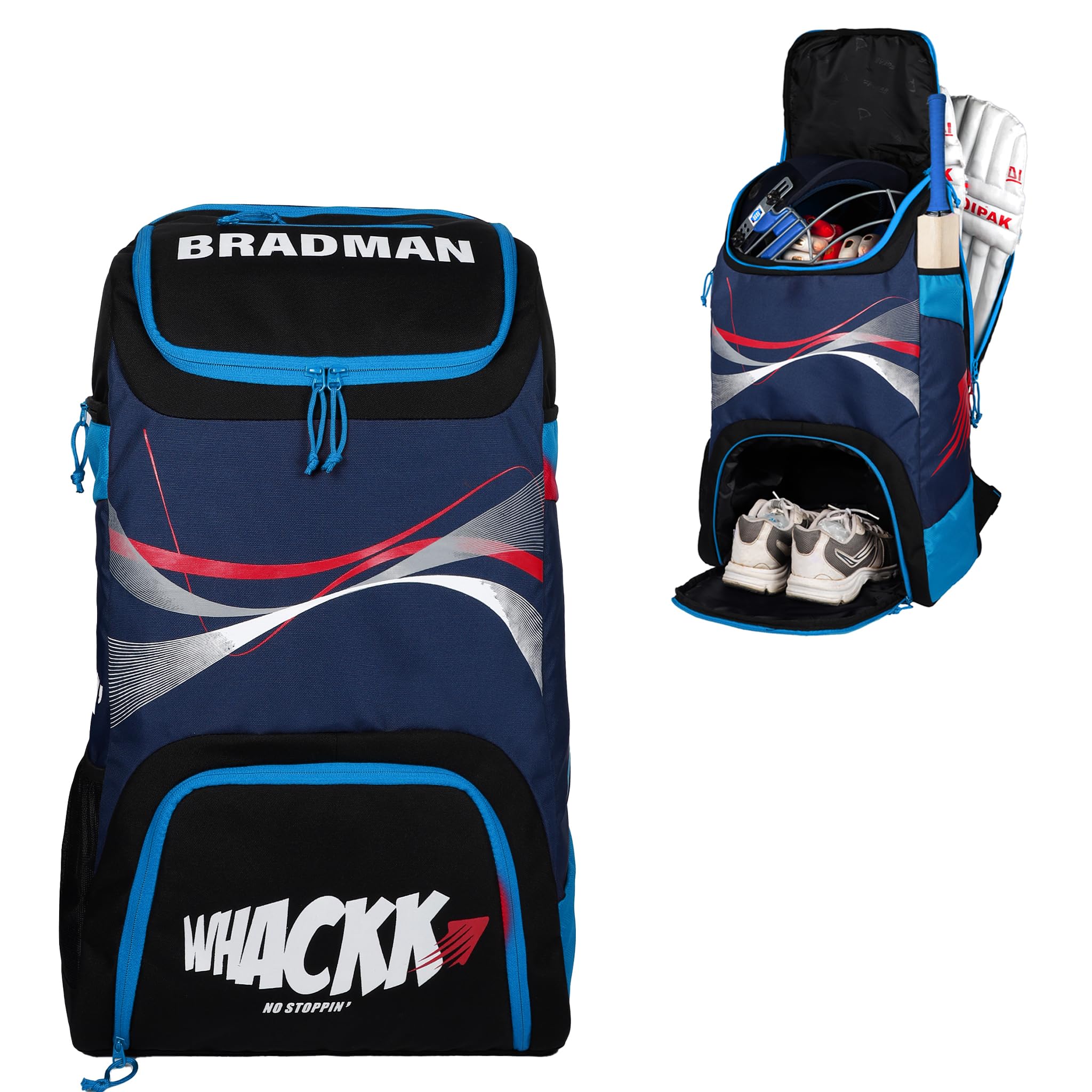 WHACKK Bradman Blue Navy Cricket Kitbag for Youth |Player Edition 2 Bat Pocket Shoe Pocket |Big Main Comp Fit 15.5 inch Leg Pad |Bottle Holders |Easy Access Pocket