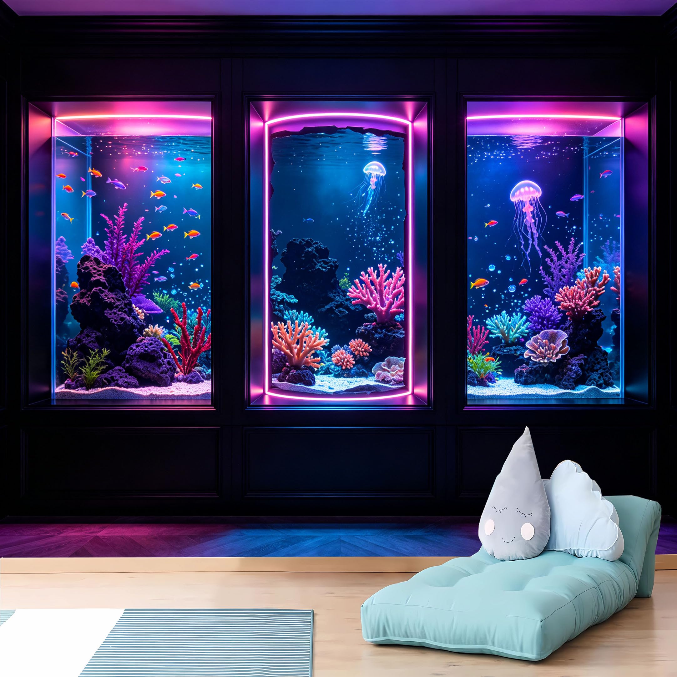 Custom Size Wall Murals 3D Dark Niche with Neon Aquarium Wall Murals HD Self-Adhesive Wall Fabric (NO PVC) Removable Wallpaper for Living Room