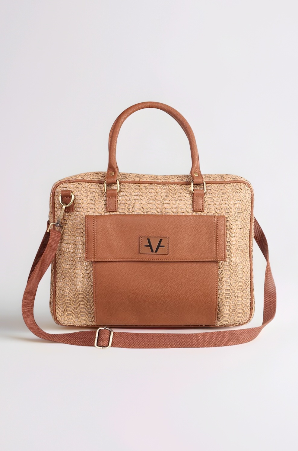 Dune Ripple Laptop Bag – Raffia & Vegan Leather with Spacious Compartments | Stylish & Durable Work Tote with Zipper | Sustainable Bags for Men & Women | Brown | Laptop Fit upto 14''