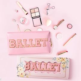 Y1tvei Ballet Cosmetic Bag for Girls - Preppy Patch BALLET Pink Chenille Letter Makeup Bag PU Leather Waterproof Portable Ballerina Makeup Pouch Dance Recital Travel Toiletry for Girl Dancer(Pink)
