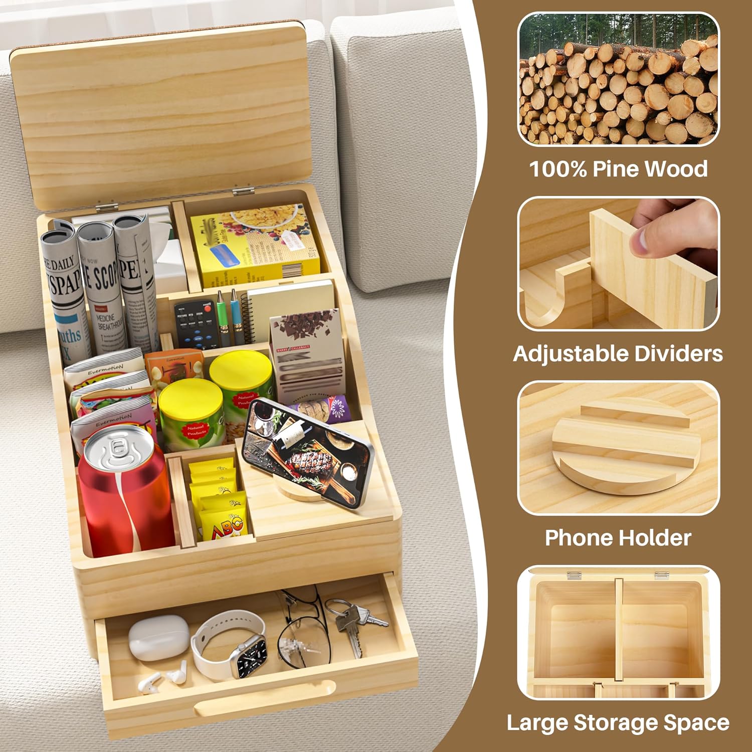 Couch Caddy with Cup Holders, Multi-Use Sofa Table with Flip Top Push-Pull Drawer, Sturdy Pine Wood Hold Hands Couch Cup Holder for Car, Living Room, Bedroom, Vanity - Image 7