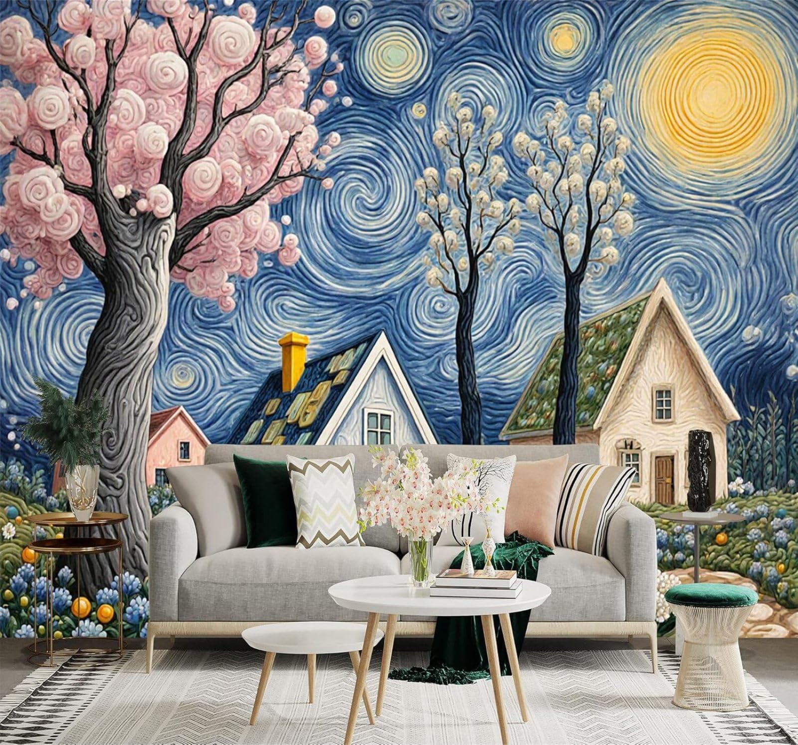 Xlming 250Cm×170Cm(B×H) Dreamlike Village Landscape Lush Flowers And Trees Starry Sky 3D Wallpaper Silky Texture Home Study Office Grey Dining Room Sofa Bedroom Living Room Tv Backdrop-250Cm×170Cm